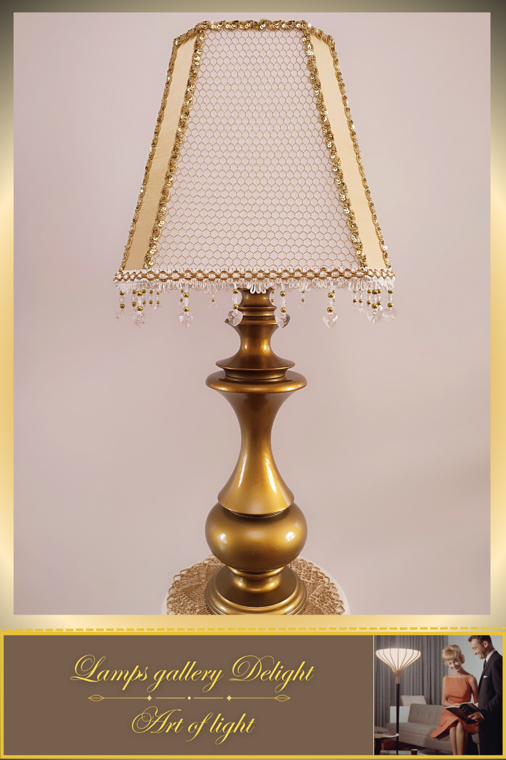 A table lamp with a golden-white fabric shade for subdued light in the bedroom. 6401