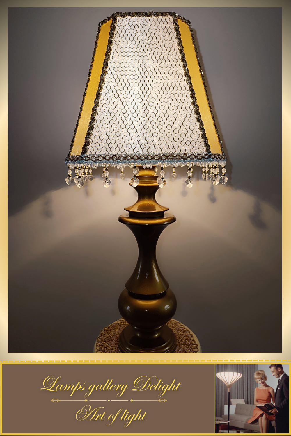 A table lamp with a golden-white fabric shade for subdued light in the bedroom. 6401
