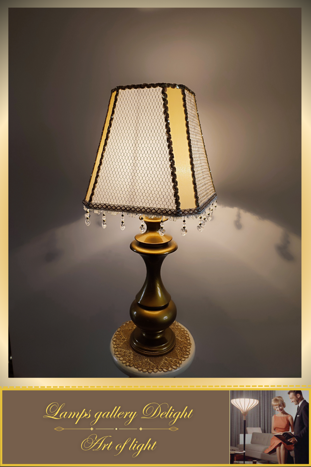 A table lamp with a golden-white fabric shade for subdued light in the bedroom. 6401