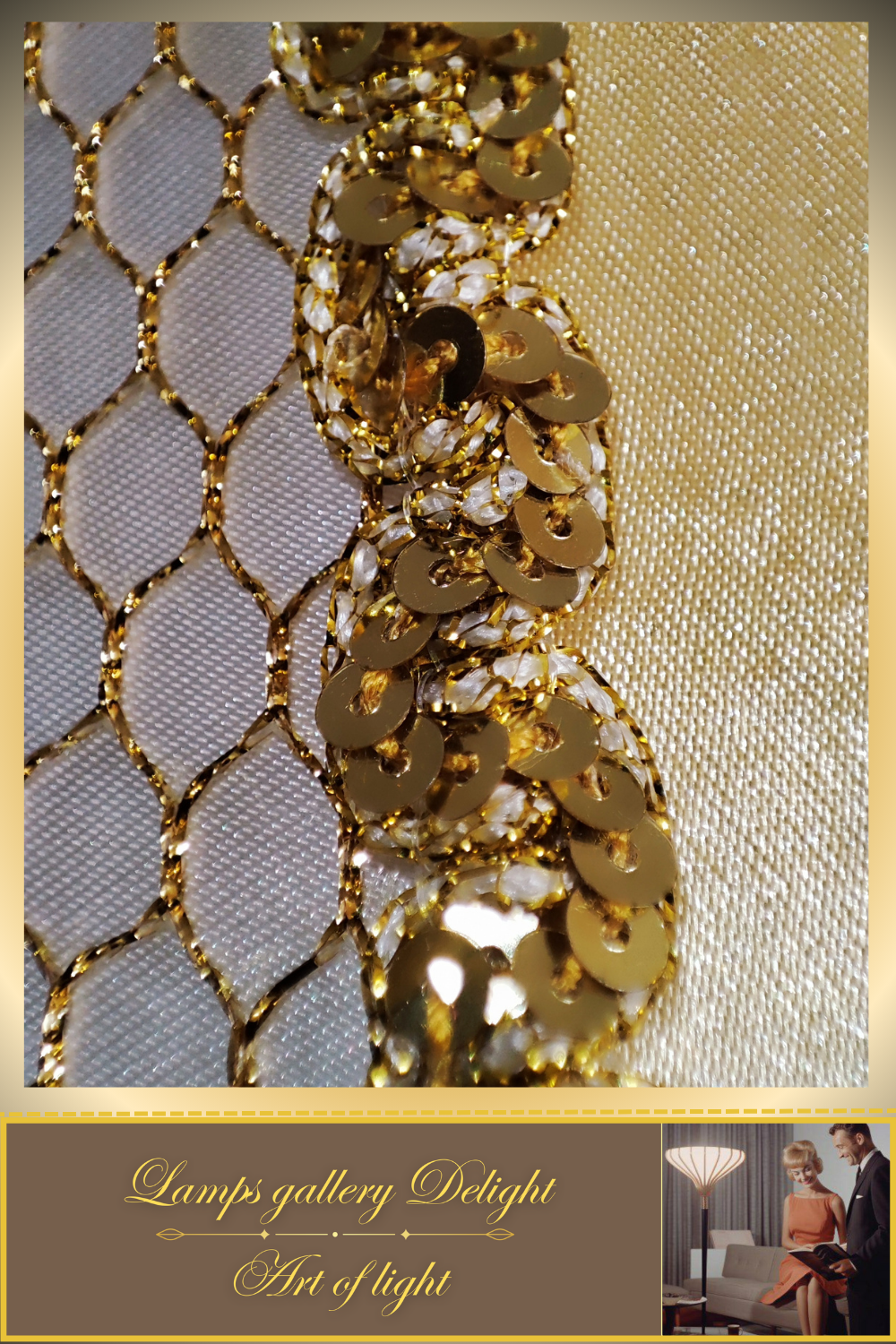 A table lamp with a golden-white fabric shade for subdued light in the bedroom. 6401