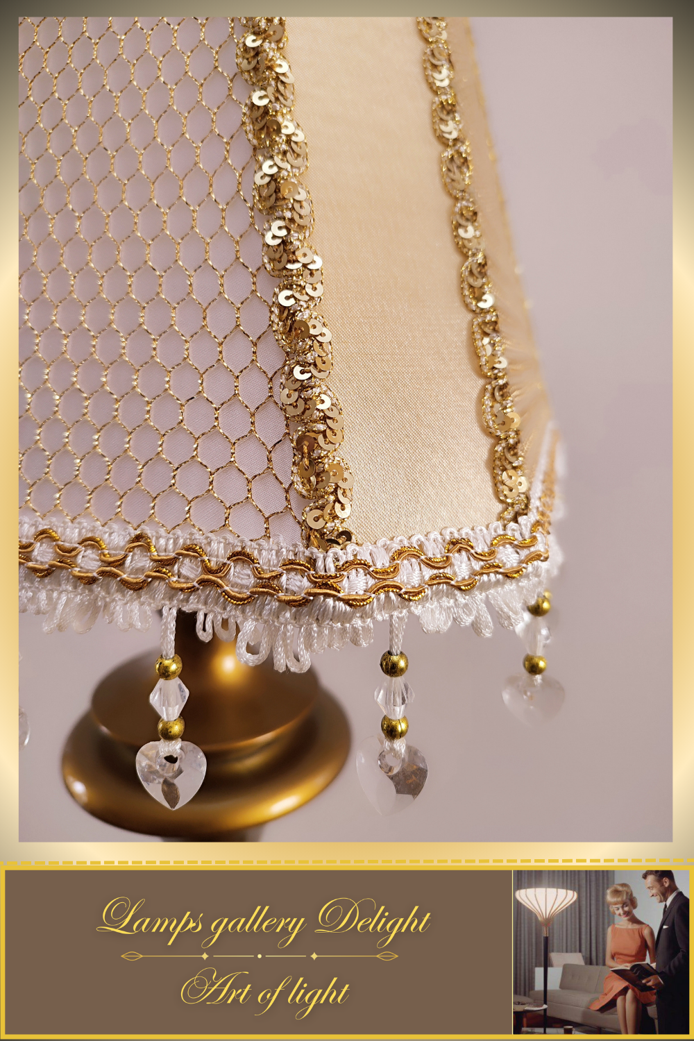 A table lamp with a golden-white fabric shade for subdued light in the bedroom. 6401