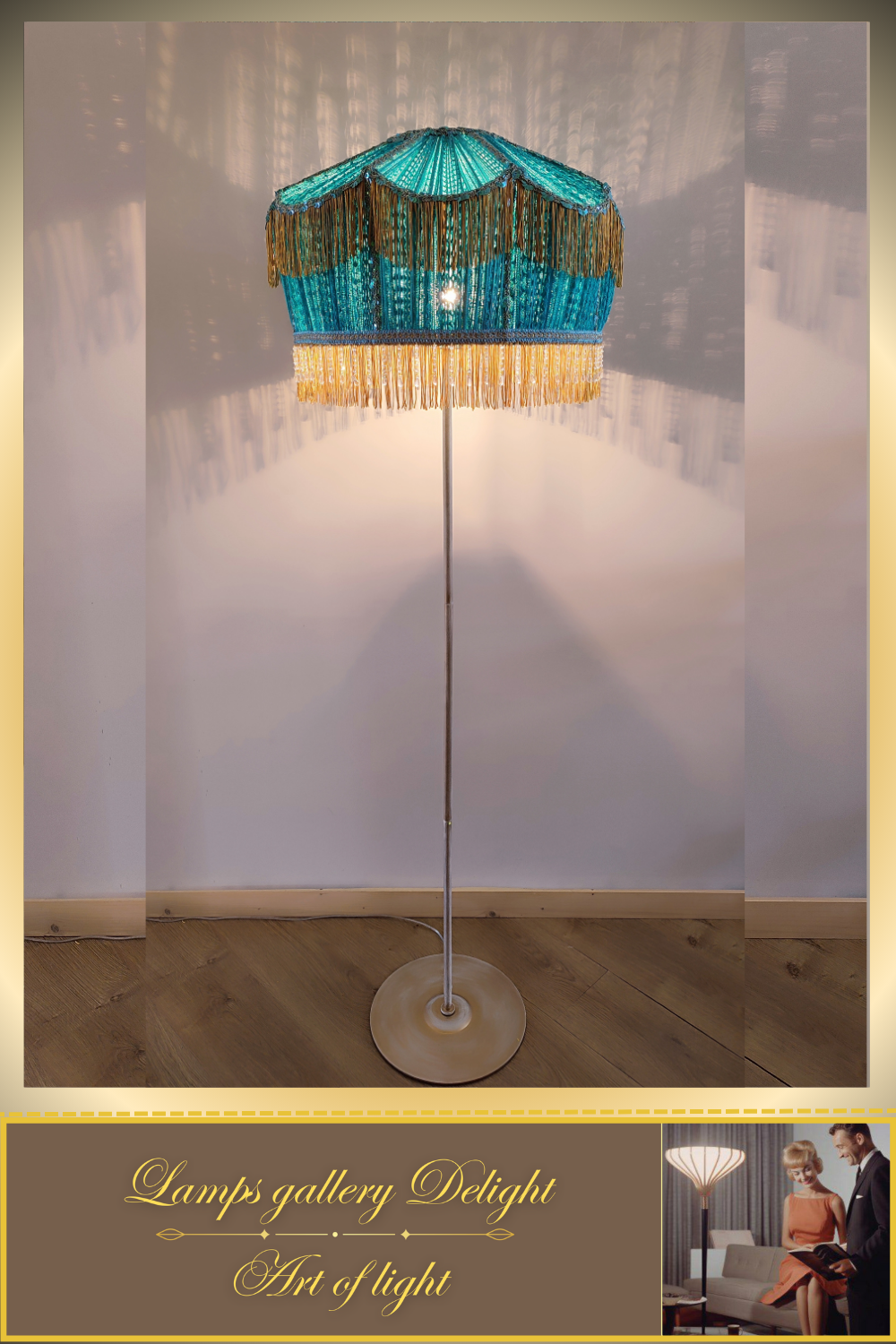 Floor lamp, Victorian style, floor lamp with turquoise fabric shade, Unique lamp. 1701