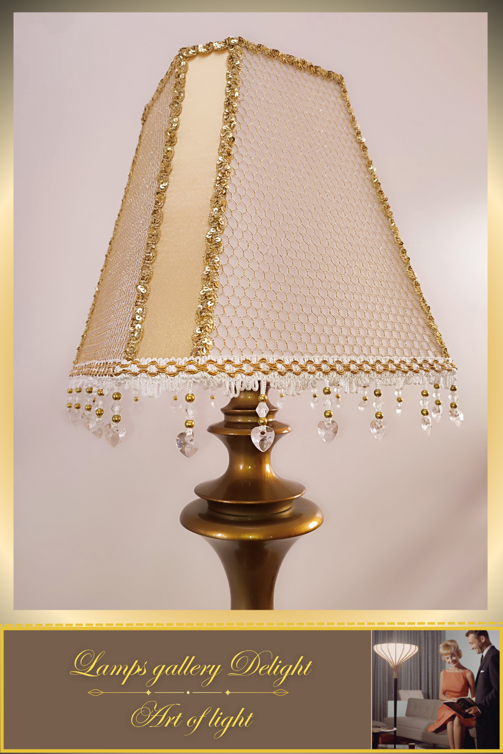 A table lamp with a golden-white fabric shade for subdued light in the bedroom. 6401
