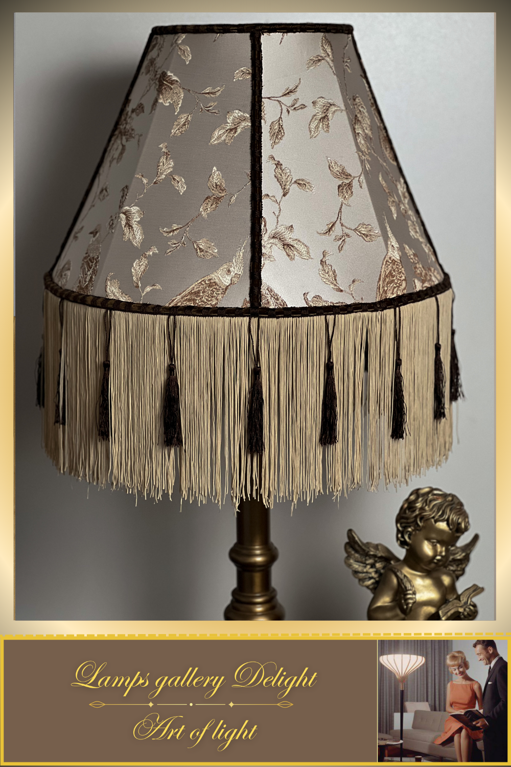Floor lamp. Victorian floor lamp with birds, fabric shade. 1104