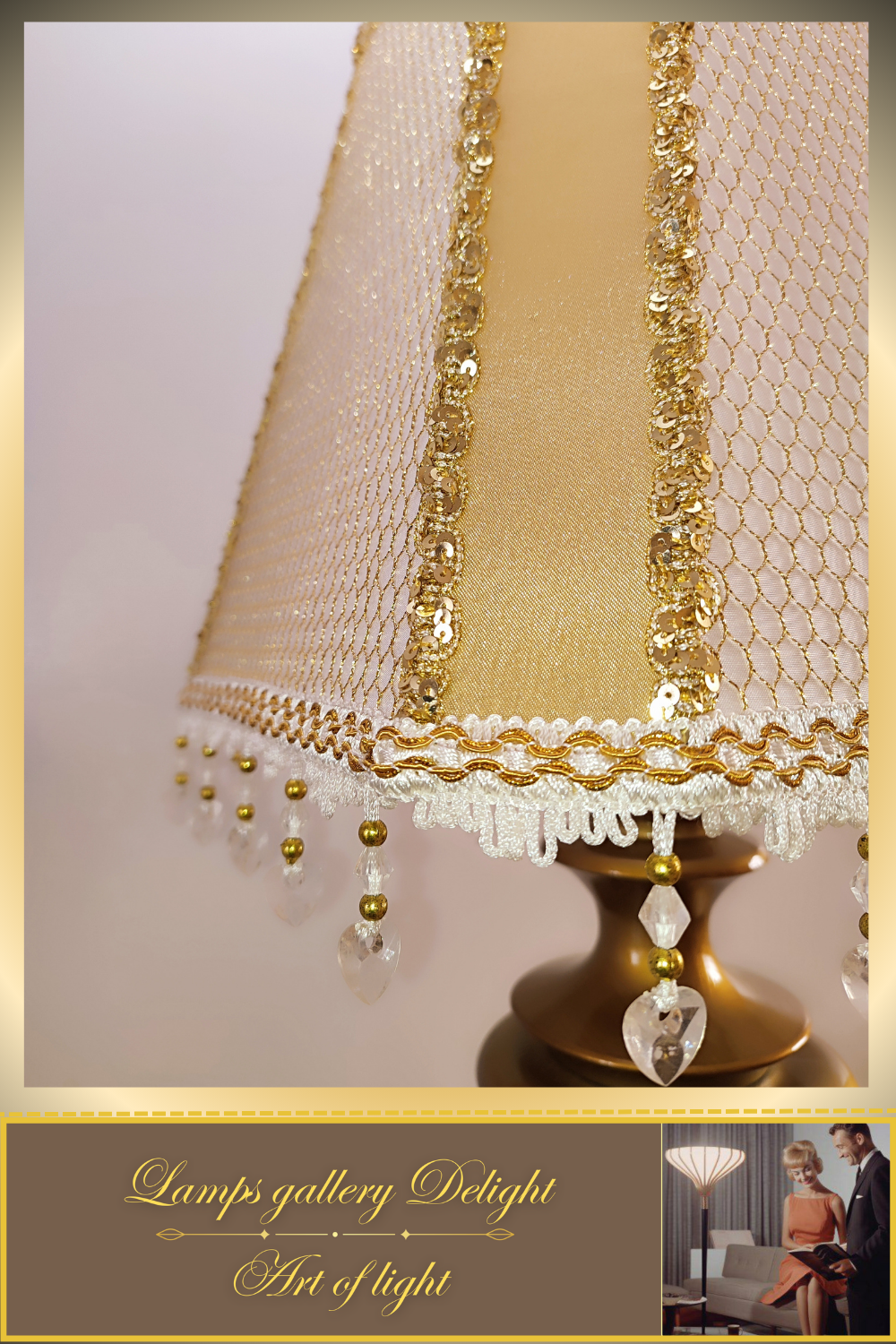 A table lamp with a golden-white fabric shade for subdued light in the bedroom. 6401