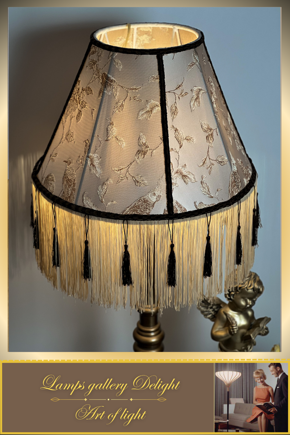 Floor lamp. Victorian floor lamp with birds, fabric shade. 1104