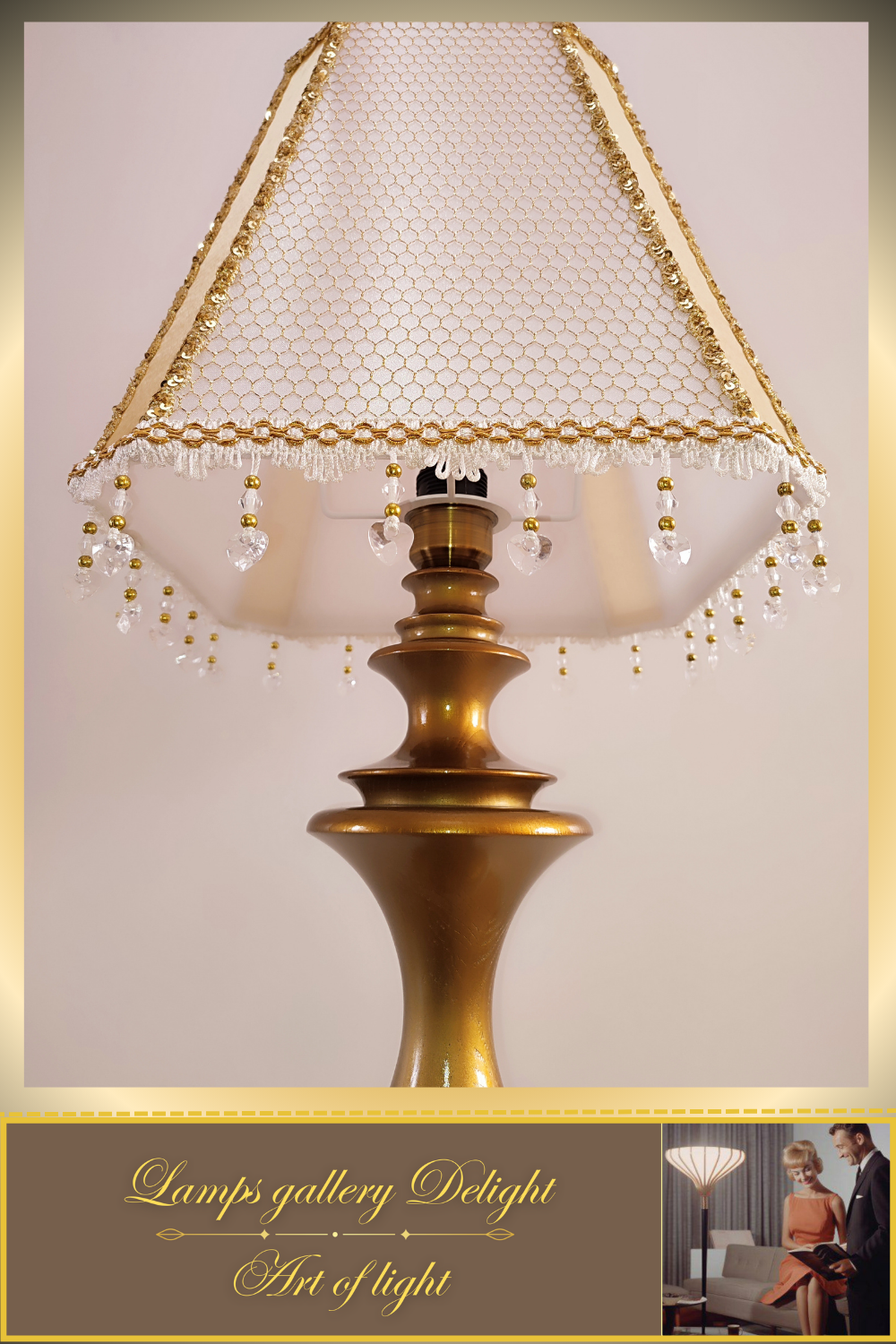 A table lamp with a golden-white fabric shade for subdued light in the bedroom. 6401