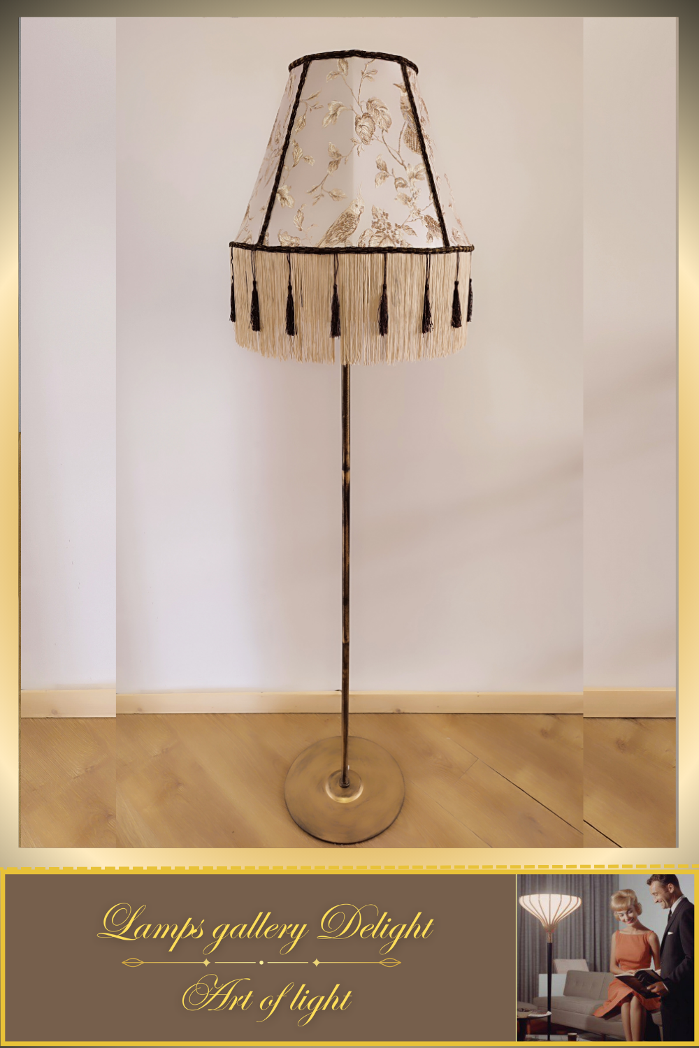 Floor lamp. Victorian floor lamp with birds, fabric shade. 1104