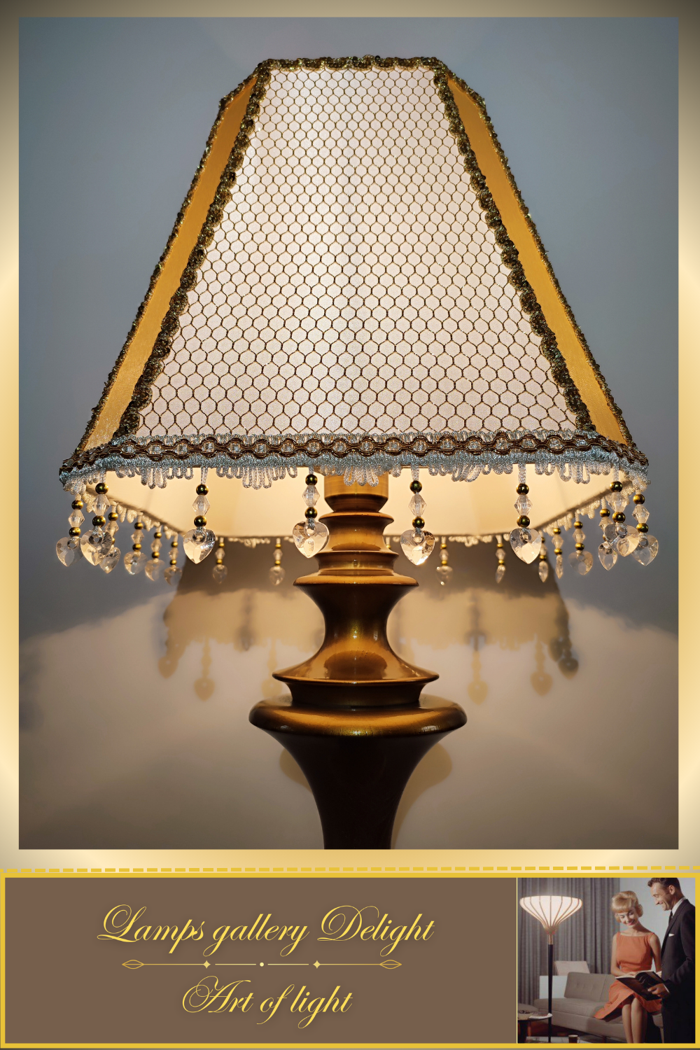 A table lamp with a golden-white fabric shade for subdued light in the bedroom. 6401