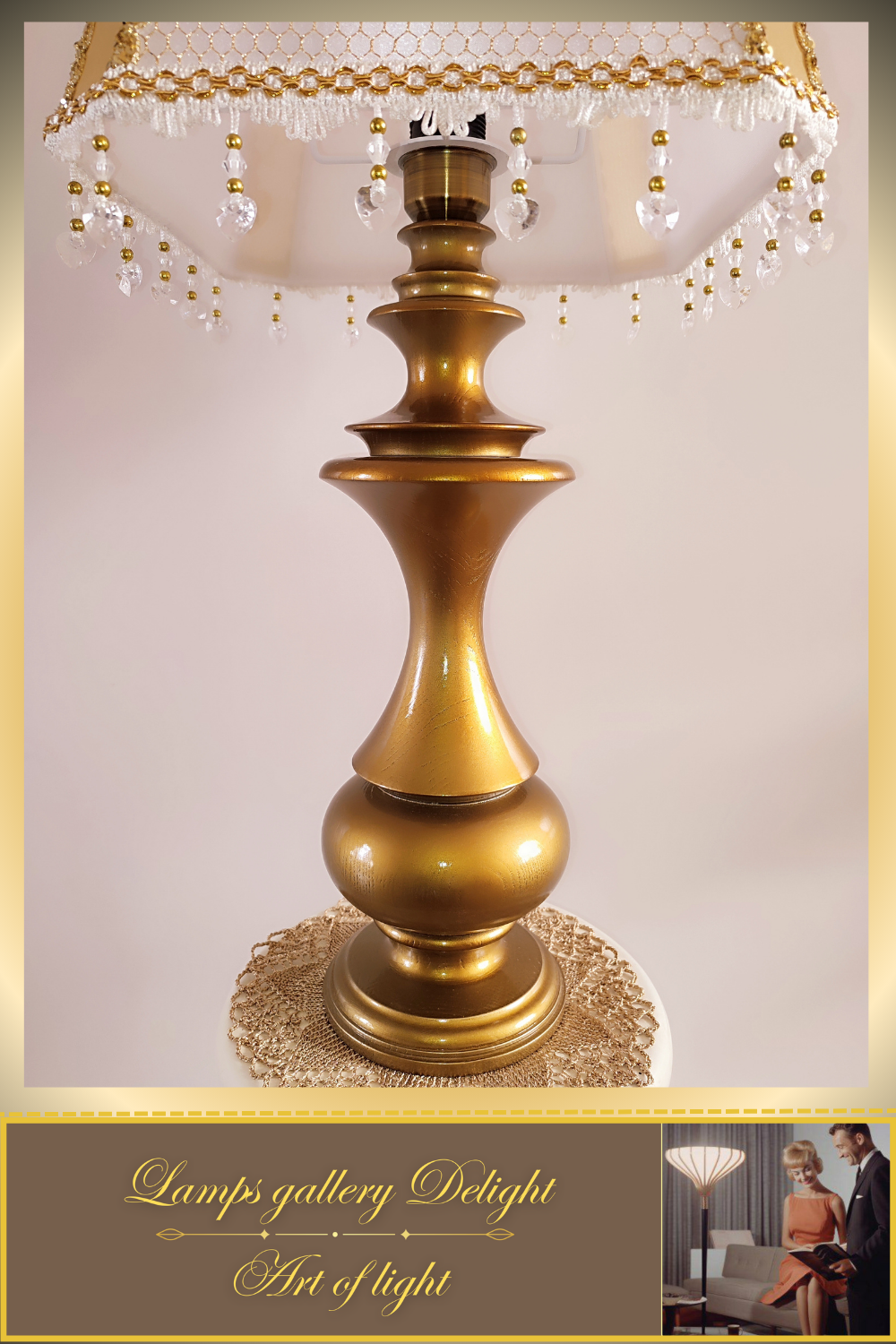 A table lamp with a golden-white fabric shade for subdued light in the bedroom. 6401