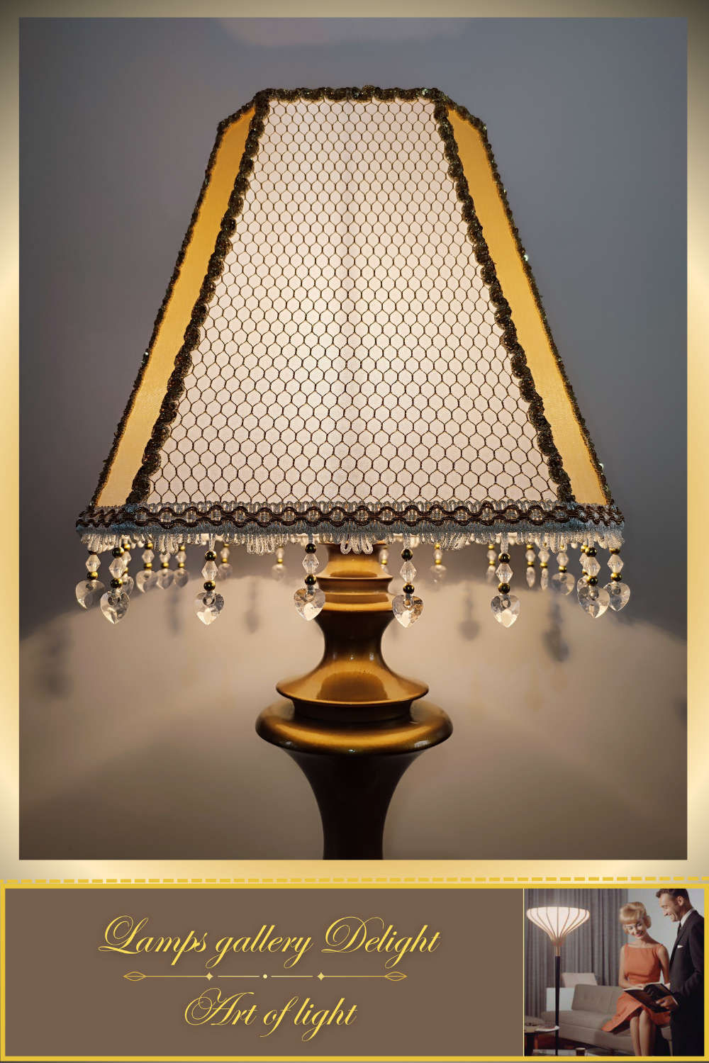 A table lamp with a golden-white fabric shade for subdued light in the bedroom. 6401