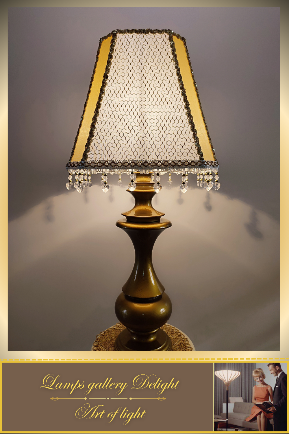 A table lamp with a golden-white fabric shade for subdued light in the bedroom. 6401