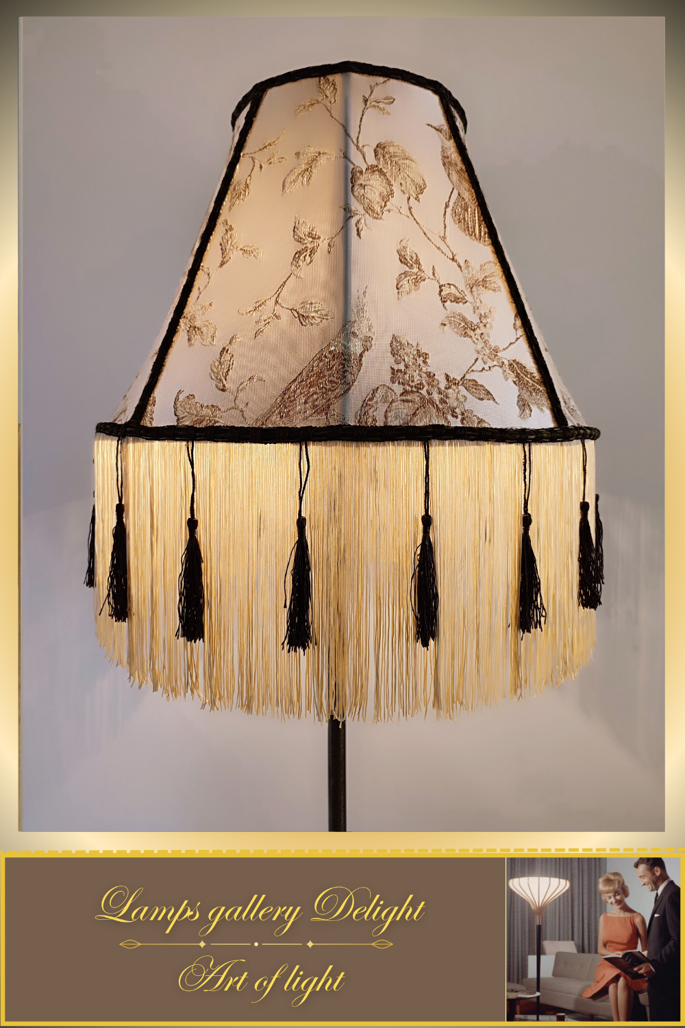 Floor lamp. Victorian floor lamp with birds, fabric shade. 1104