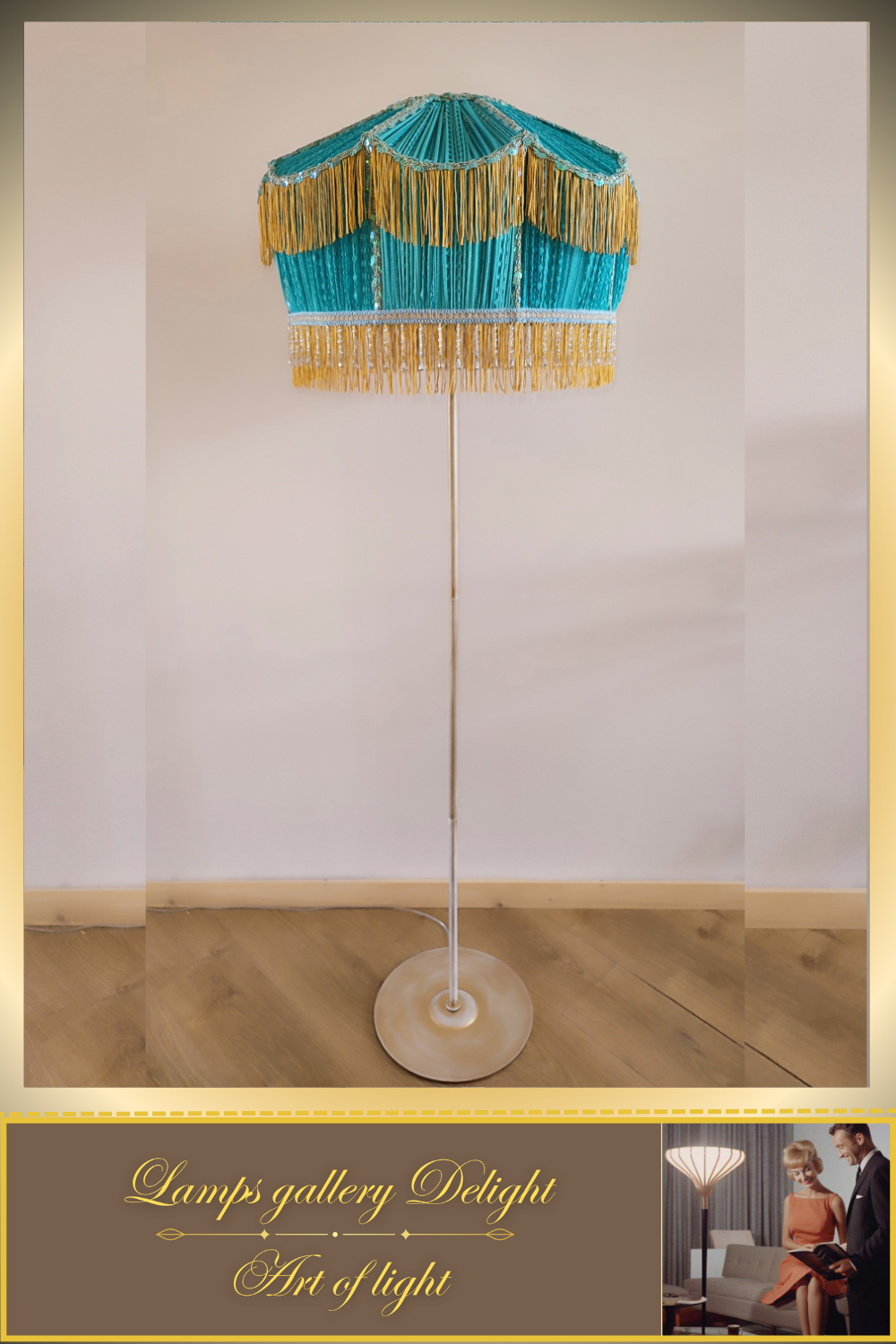 Floor lamp, Victorian style, floor lamp with turquoise fabric shade, Unique lamp. 1701