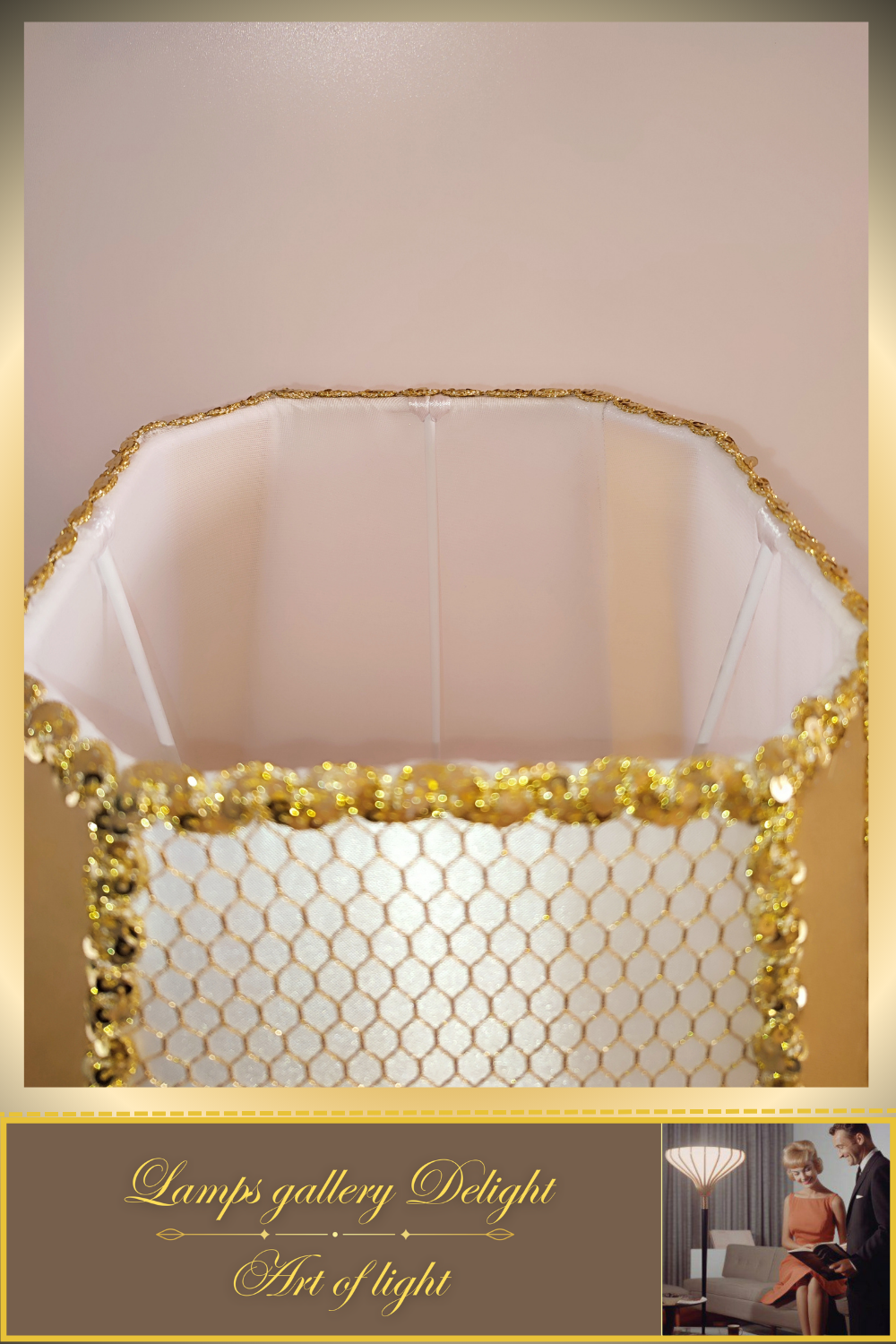A table lamp with a golden-white fabric shade for subdued light in the bedroom. 6401