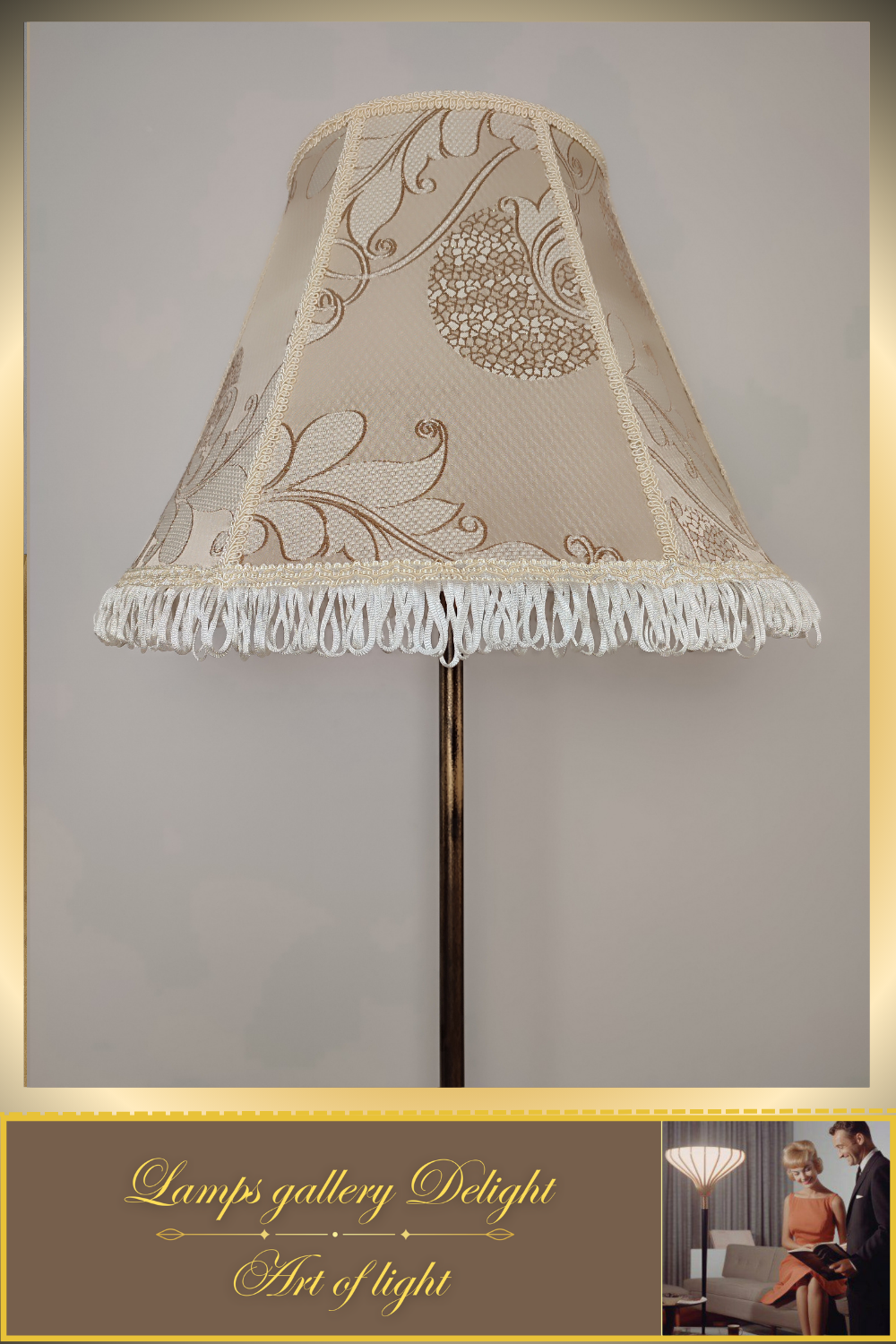 Victorian-style floor lamp with a patterned fabric shade. 3808