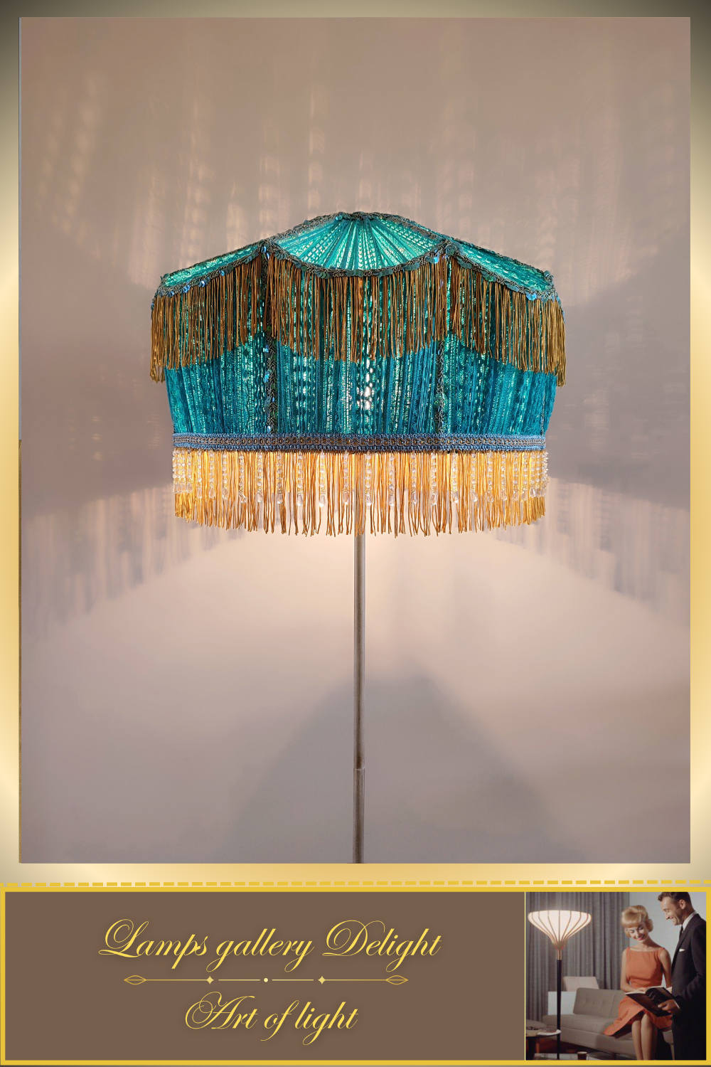 Floor lamp, Victorian style, floor lamp with turquoise fabric shade, Unique lamp. 1701