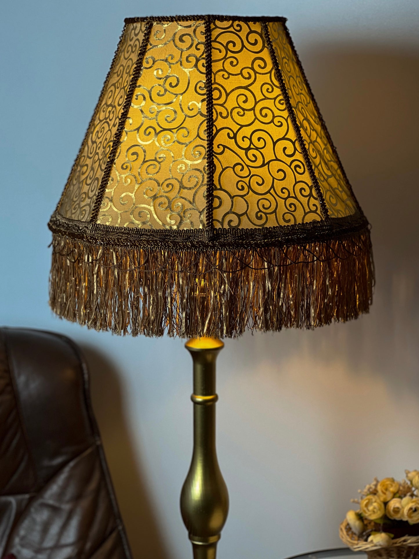 Lampshade. Luxurious Victorian fringed lampshade in brown and golden color