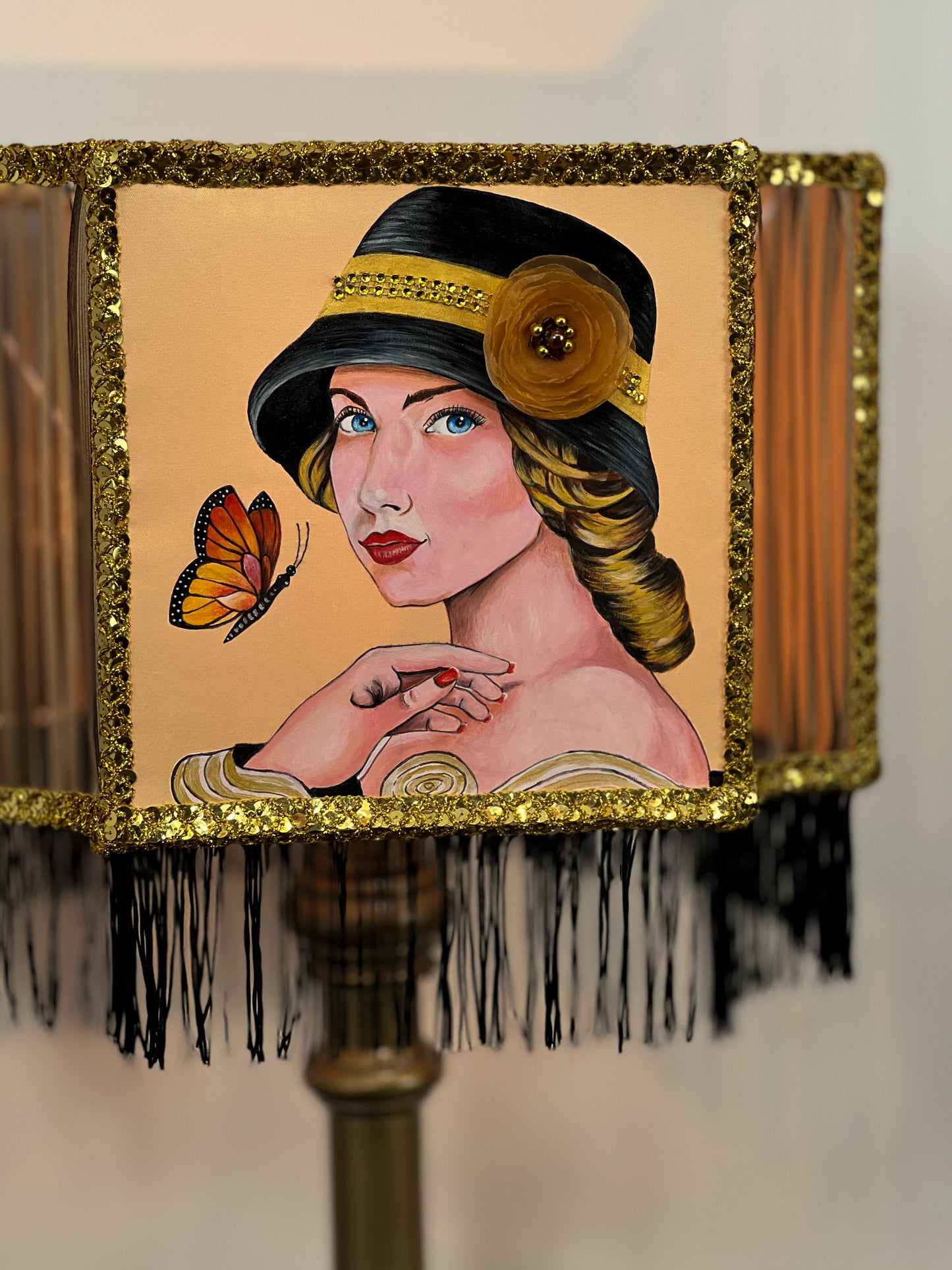 Lampshade, Art Deco style - handmade fringed lampshade, girl in a hat, artistic product. 2806