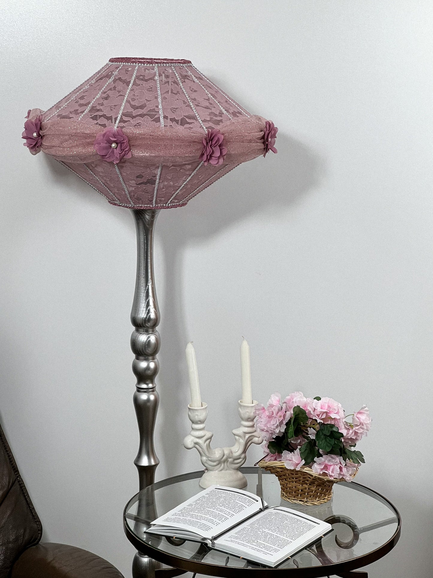 Victorian pink lampshade with floral design.