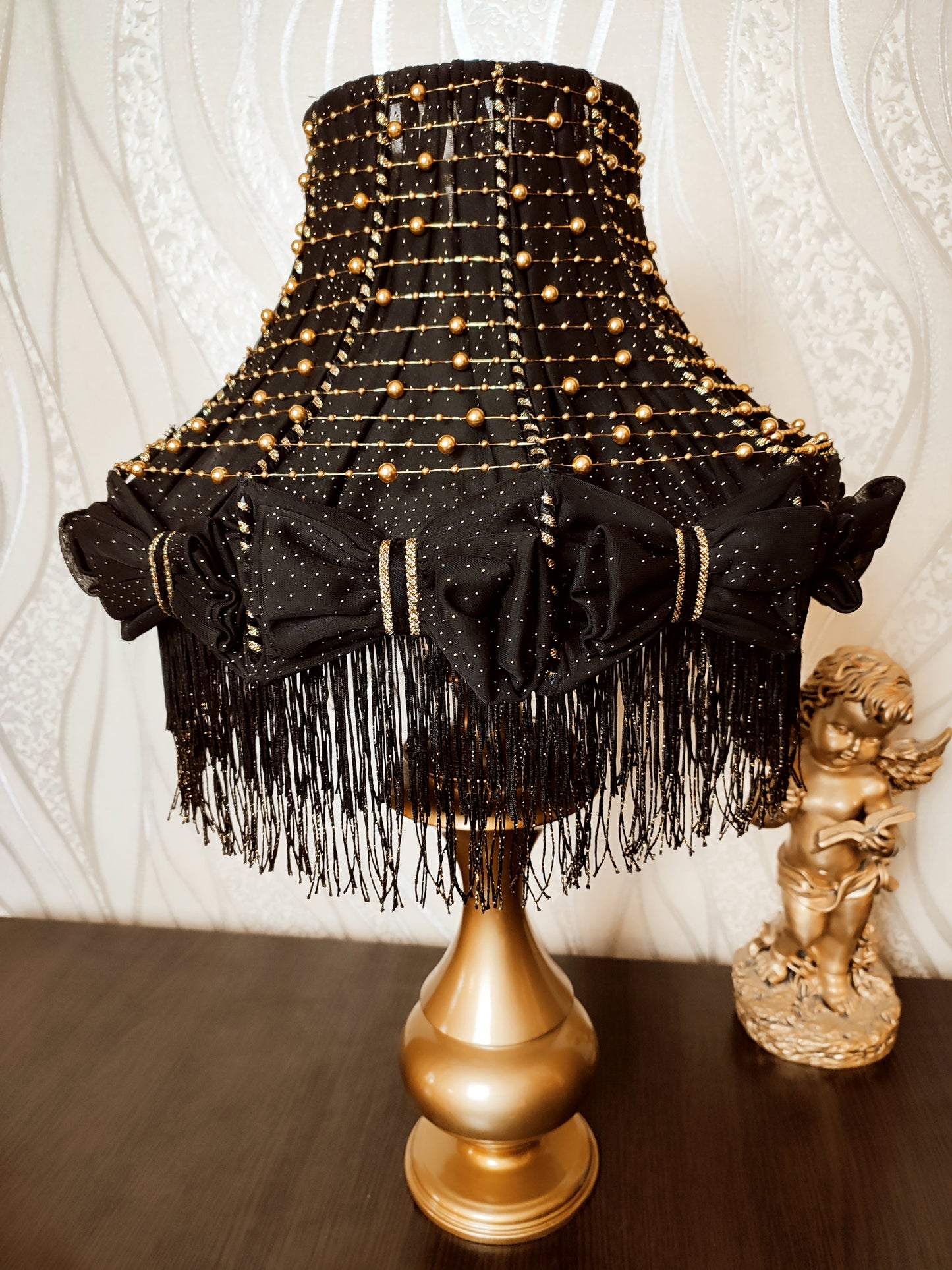 Table lamp with fringe, black table lamp, unique lamp with beads. 1302