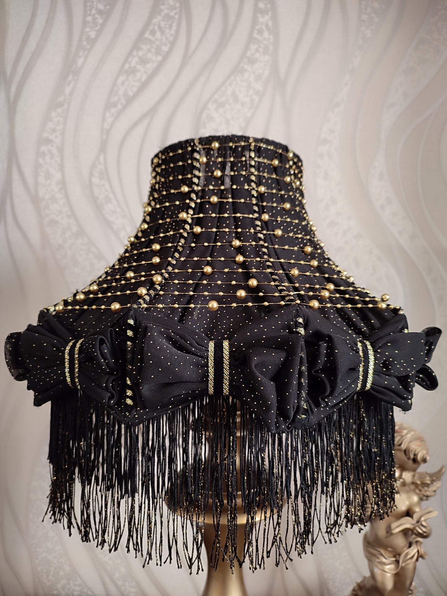 Table lamp with fringe, black table lamp, unique lamp with beads. 1302