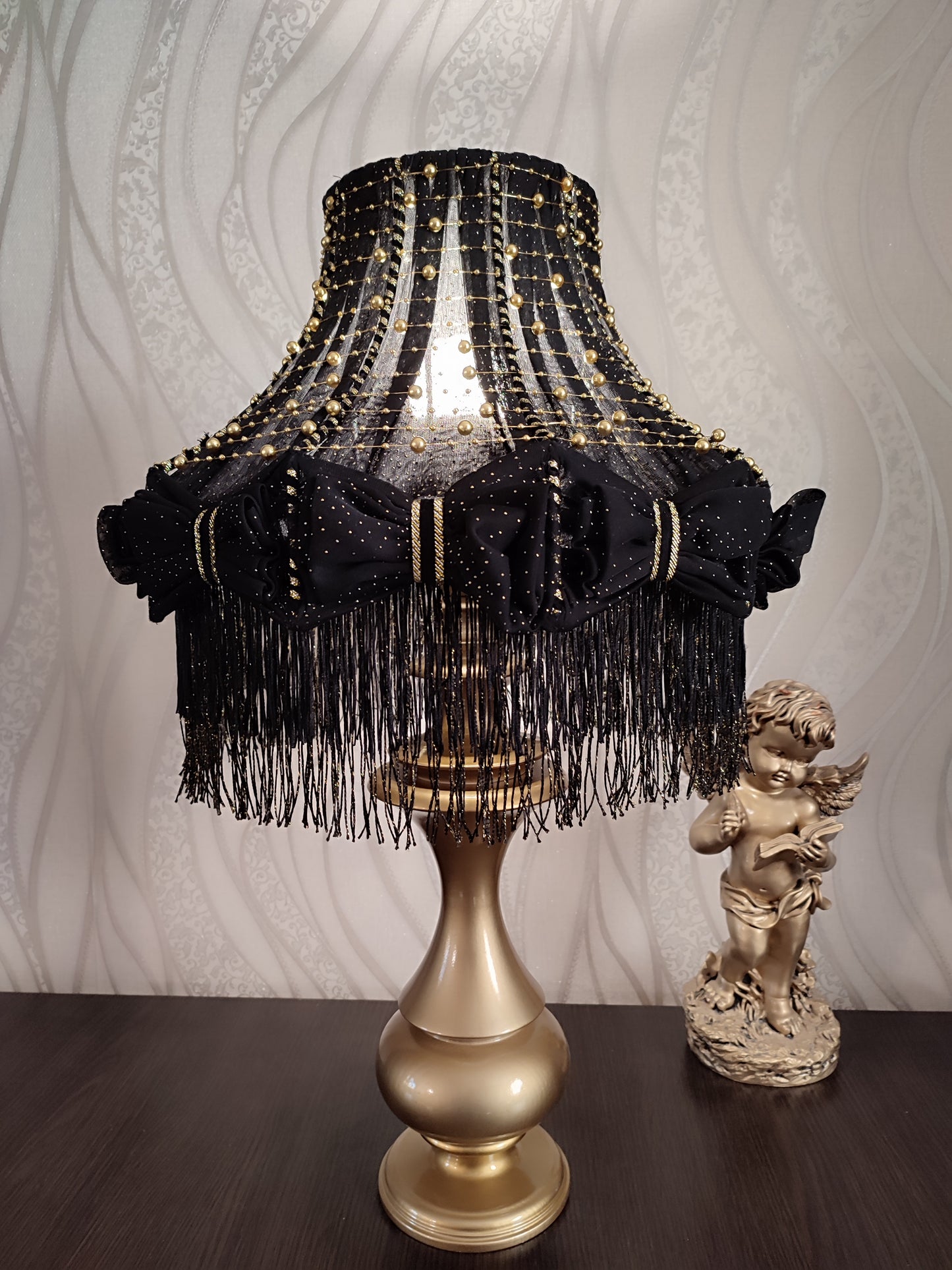 Table lamp with fringe, black table lamp, unique lamp with beads. 1302