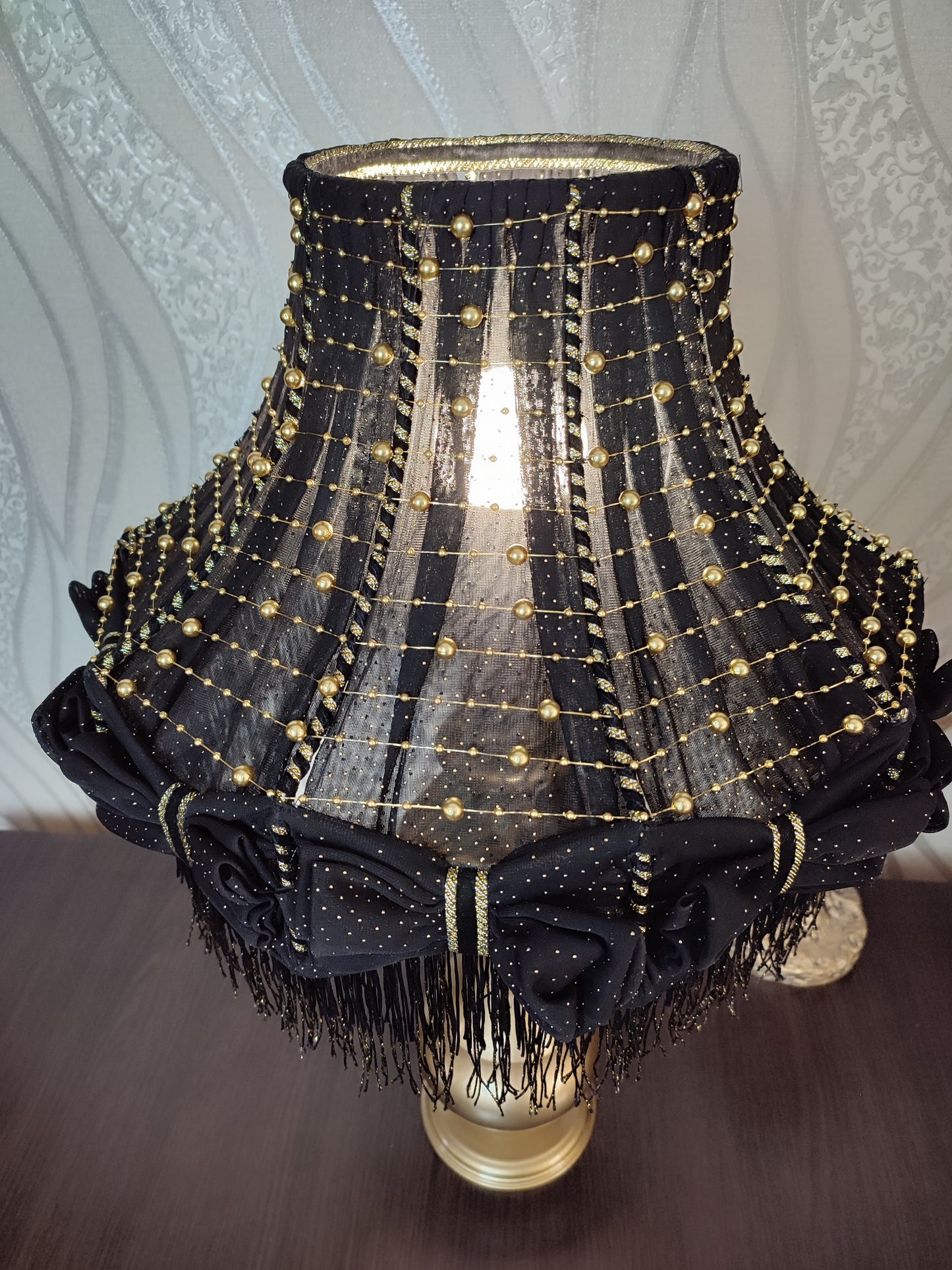 Table lamp with fringe, black table lamp, unique lamp with beads. 1302