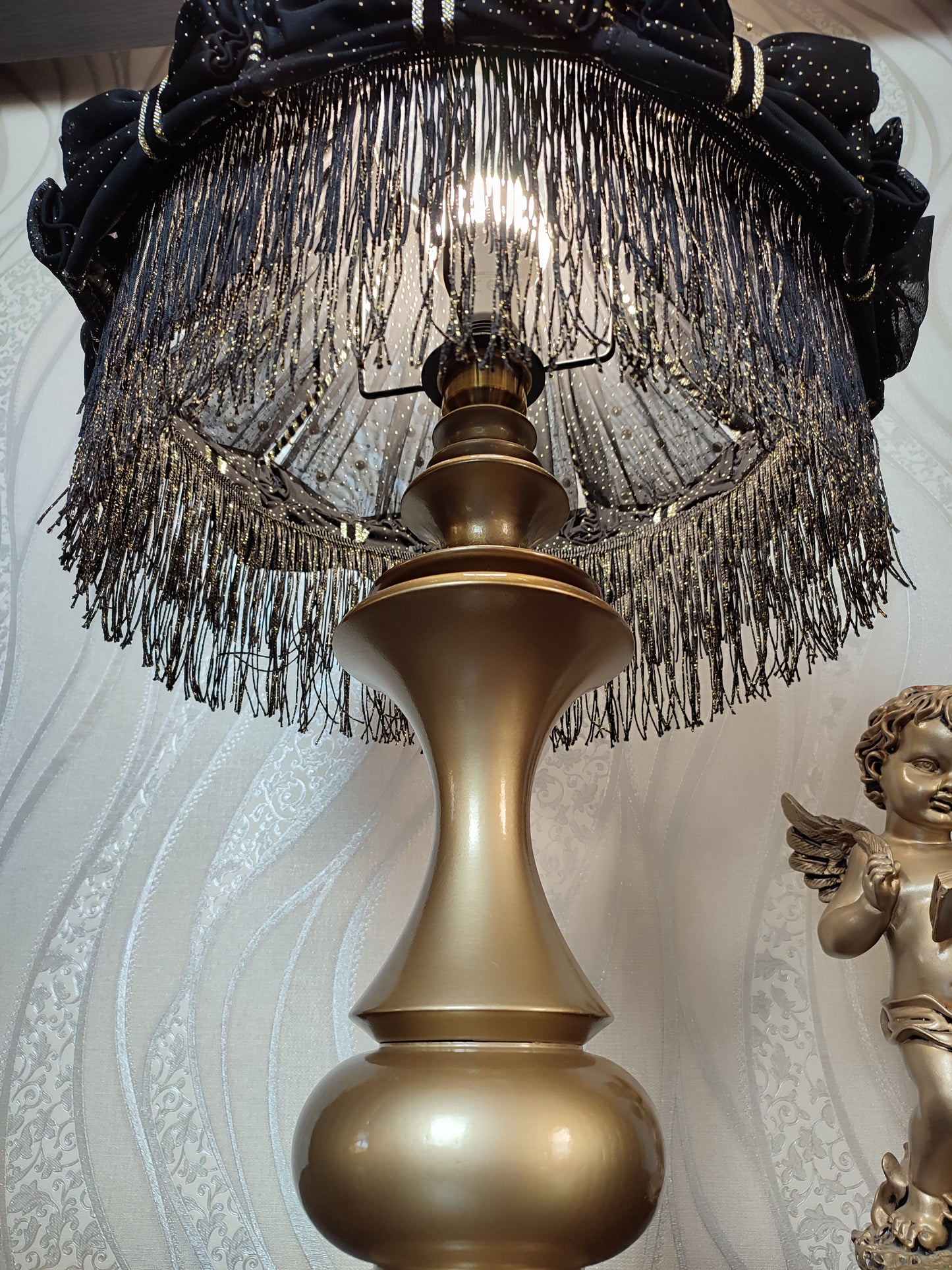 Table lamp with fringe, black table lamp, unique lamp with beads. 1302