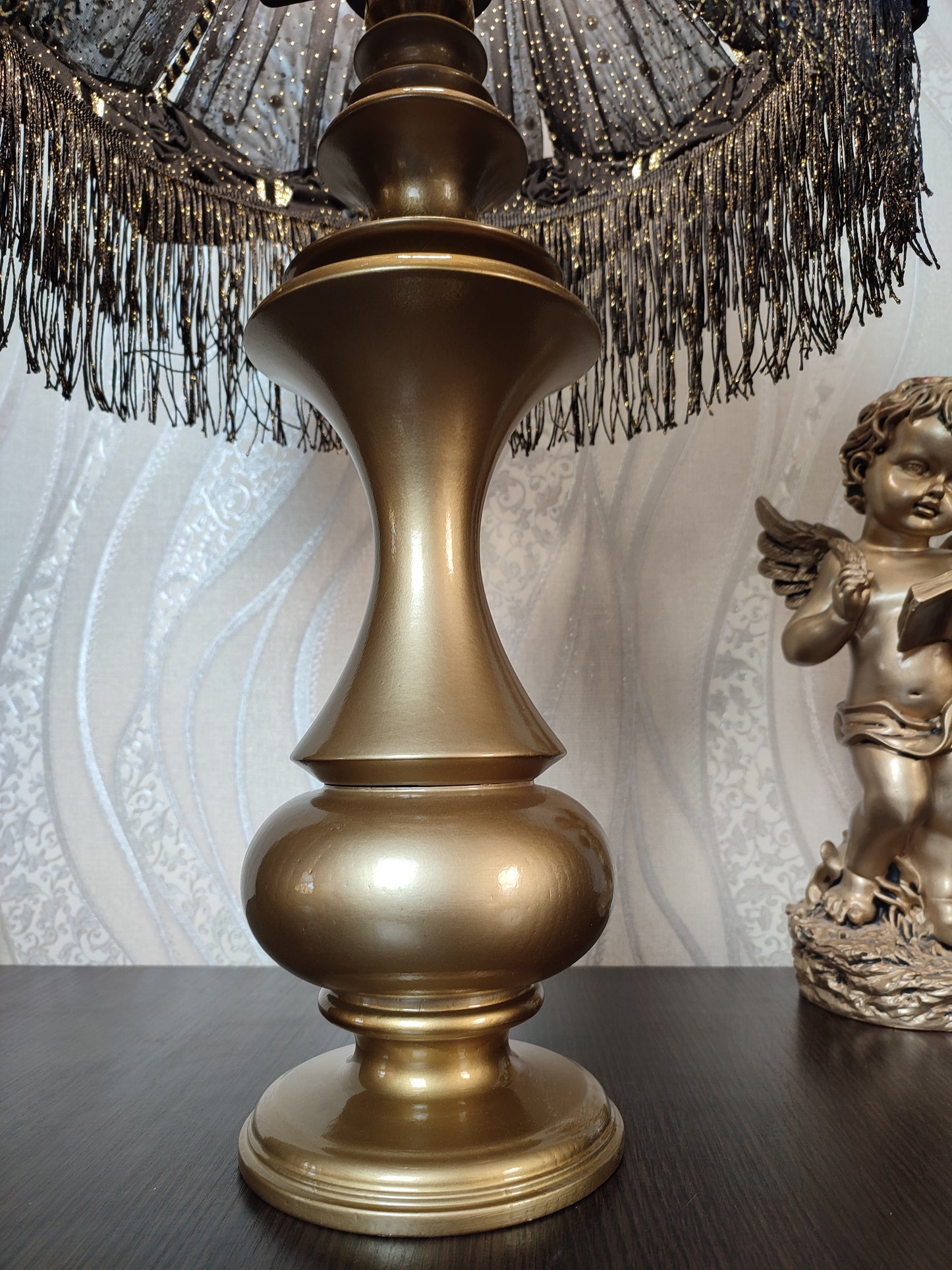 Table lamp with fringe, black table lamp, unique lamp with beads. 1302