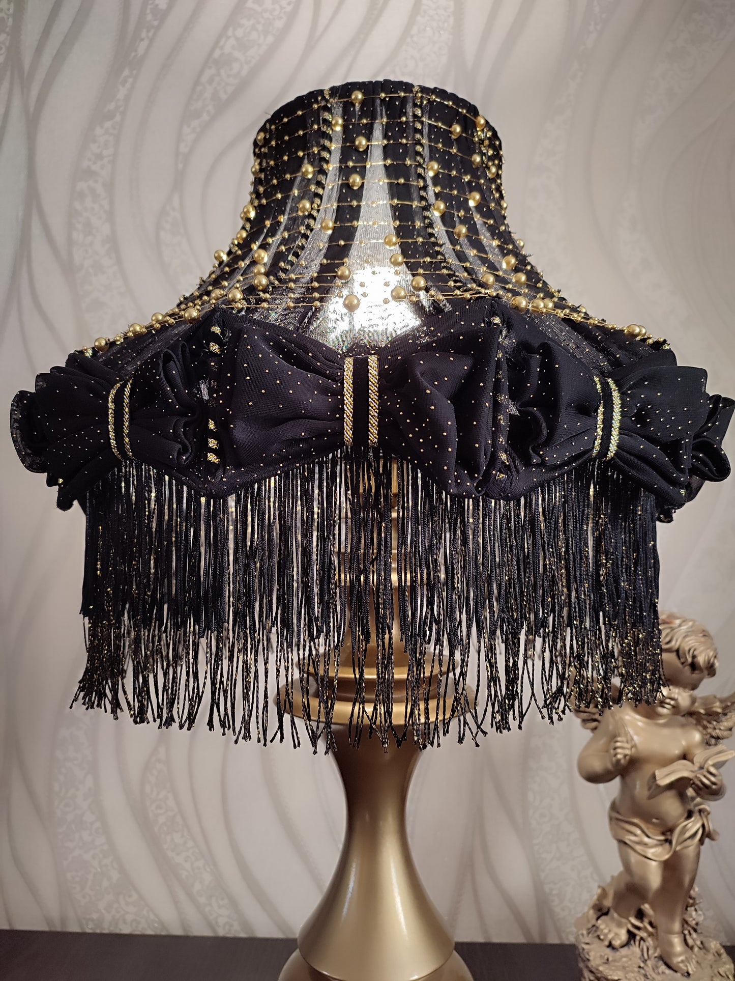 Table lamp with fringe, black table lamp, unique lamp with beads. 1302