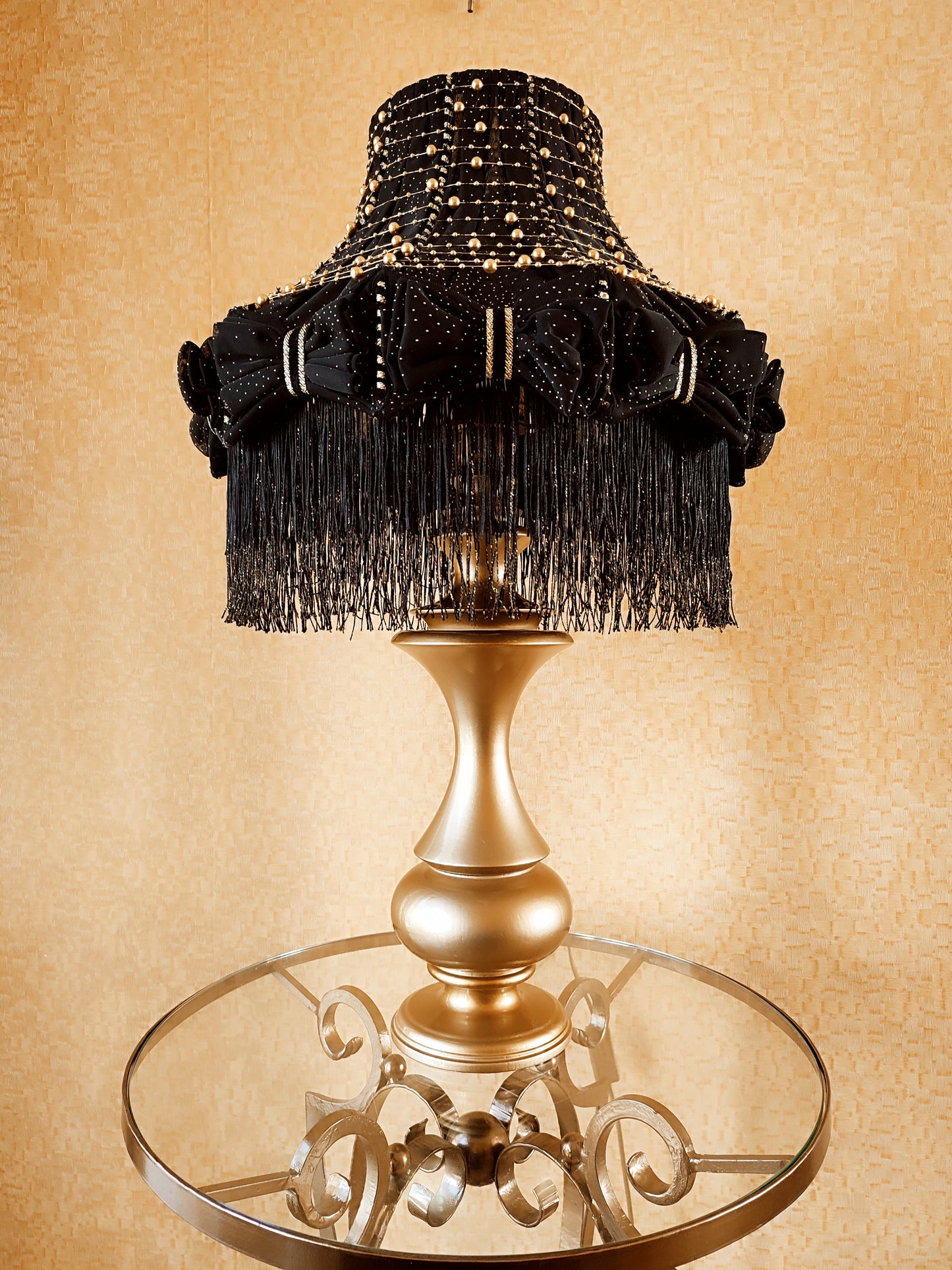 Table lamp with fringe, black table lamp, unique lamp with beads. 1302