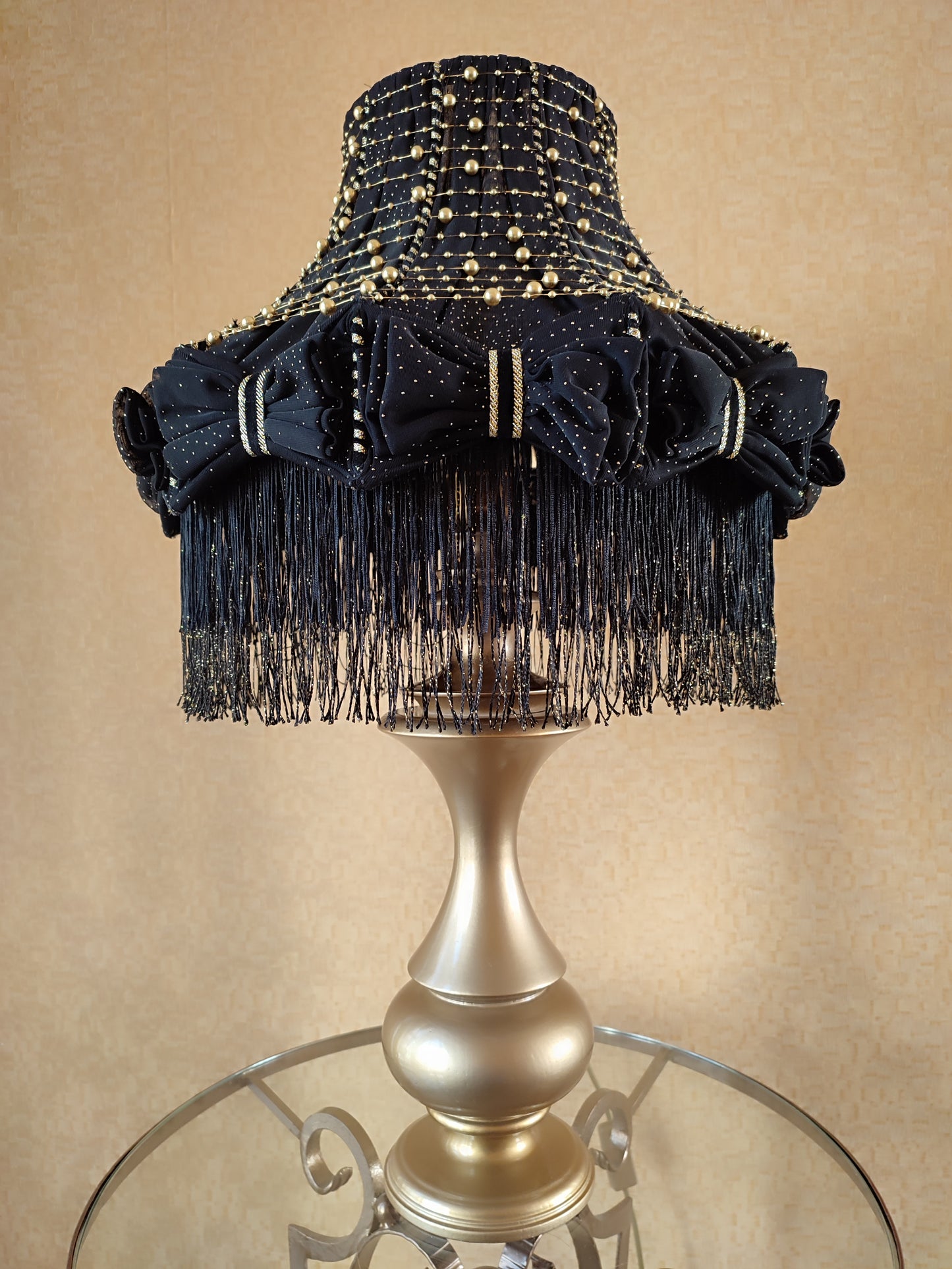 Table lamp with fringe, black table lamp, unique lamp with beads. 1302