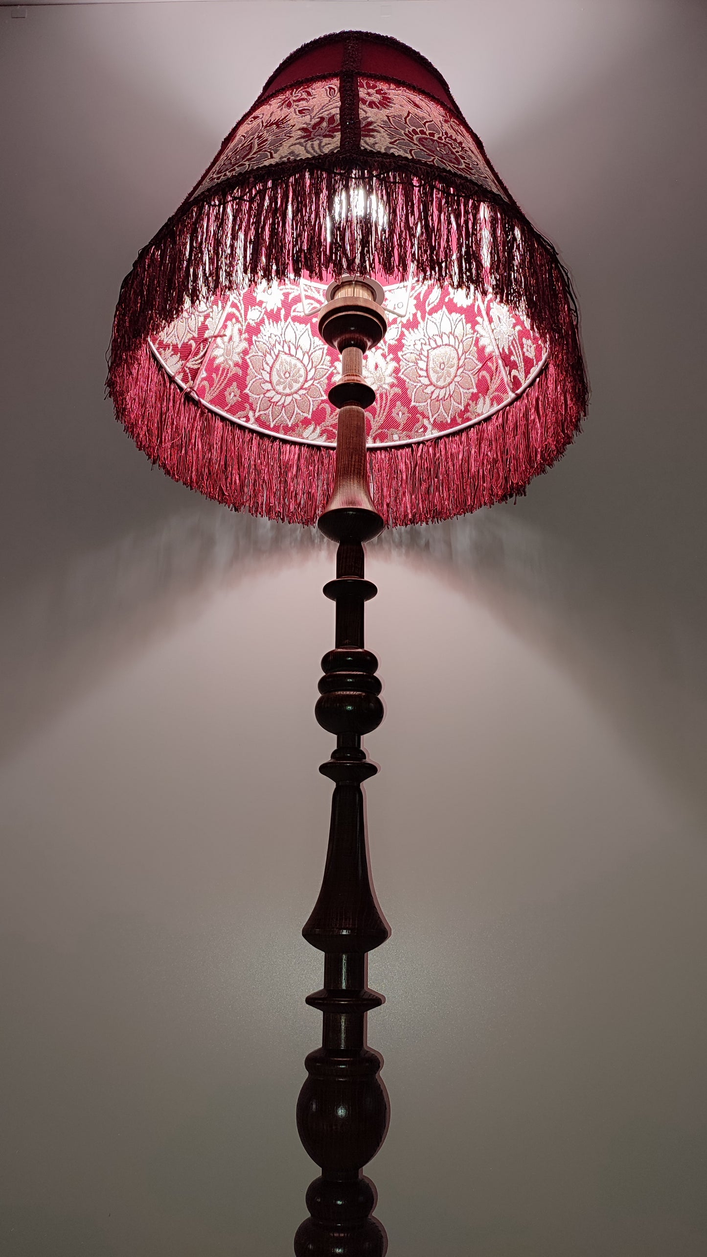 Lampshade red, floral lampshade with fringe. 3104