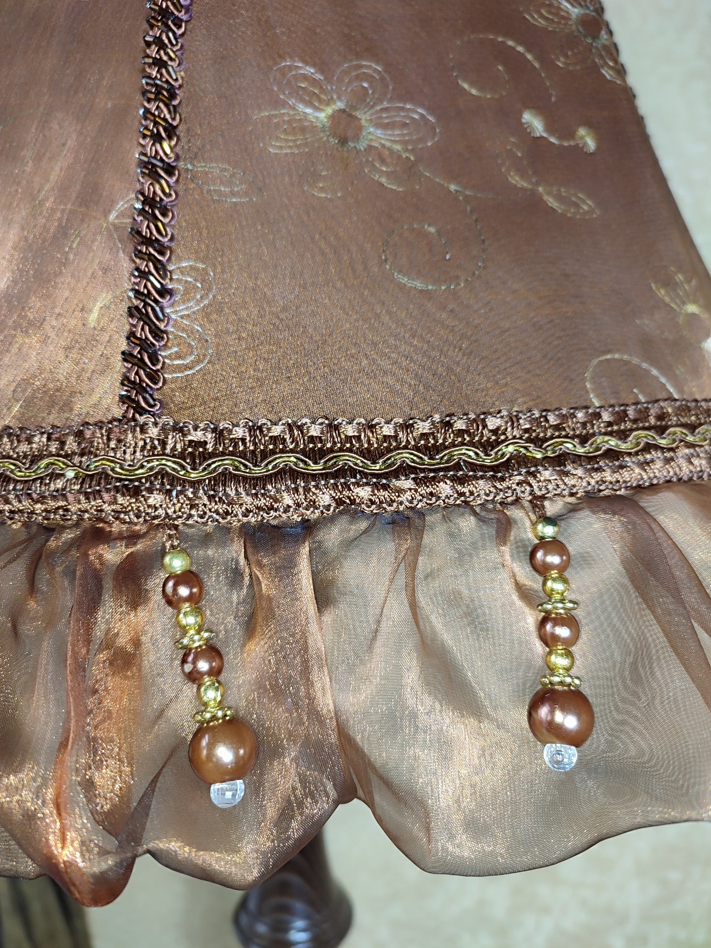 Lampshade. Vintage bronze lampshade with floral embroidery and beaded accents