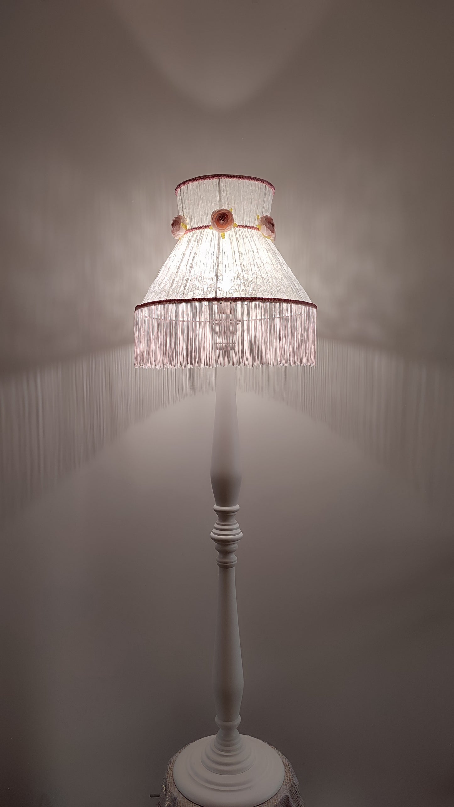 Floor lamp. Delicate white base, pink fringe and blooming floral accents. Victorian Style, flower lamp. 5501