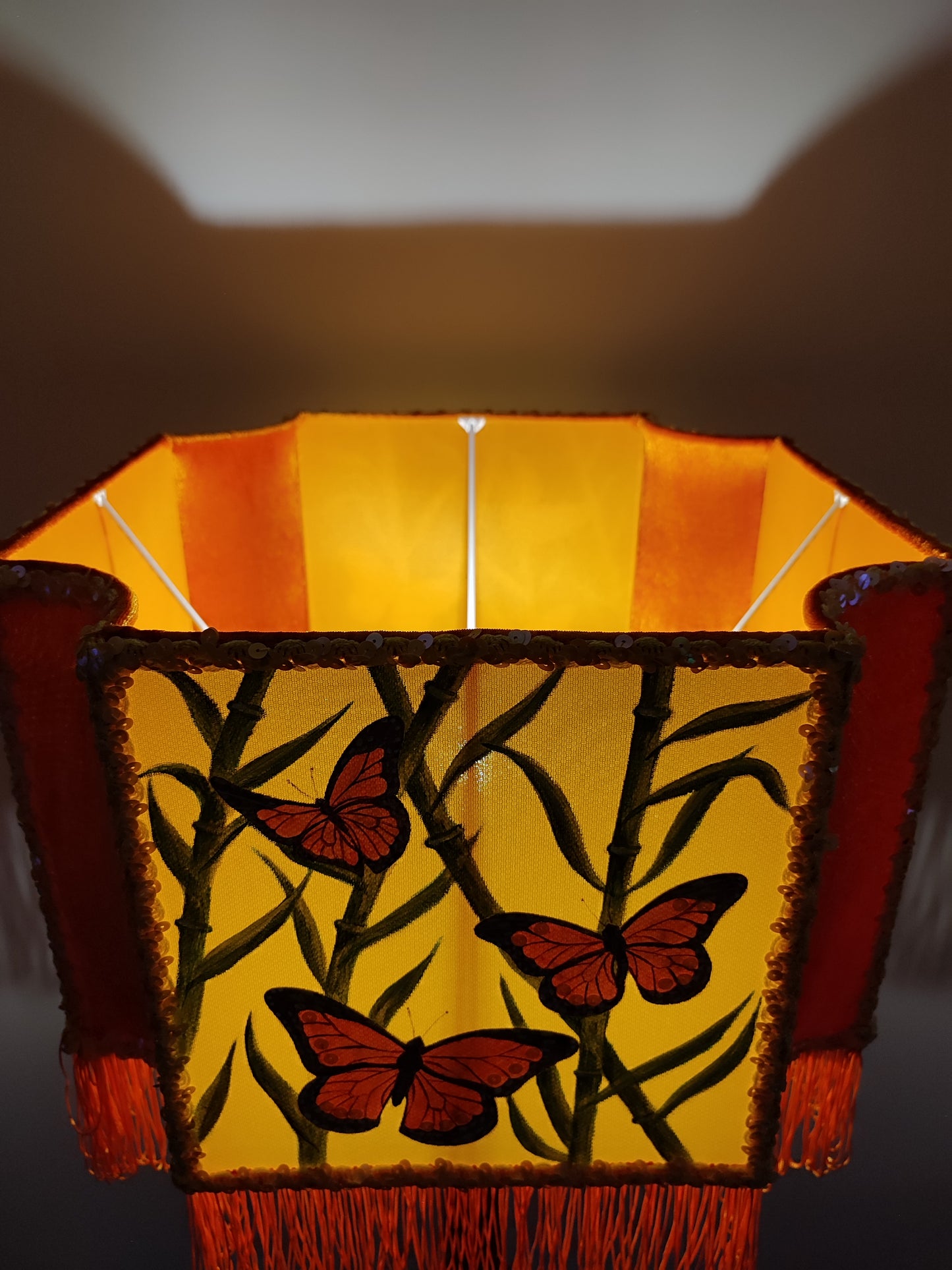 Handmade orange lampshade with butterflies: an artistically painted lampshade. № 2807