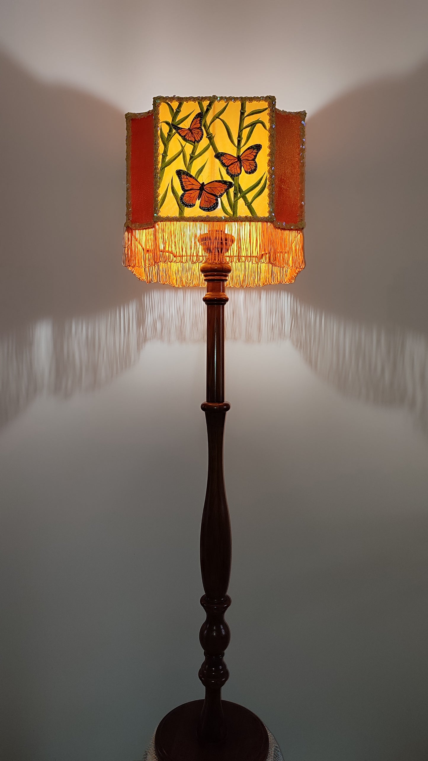 Orange floor lamp with butterflies, hand-painted shade. Art Deco lamp, a fairy-tale lamp. 280701