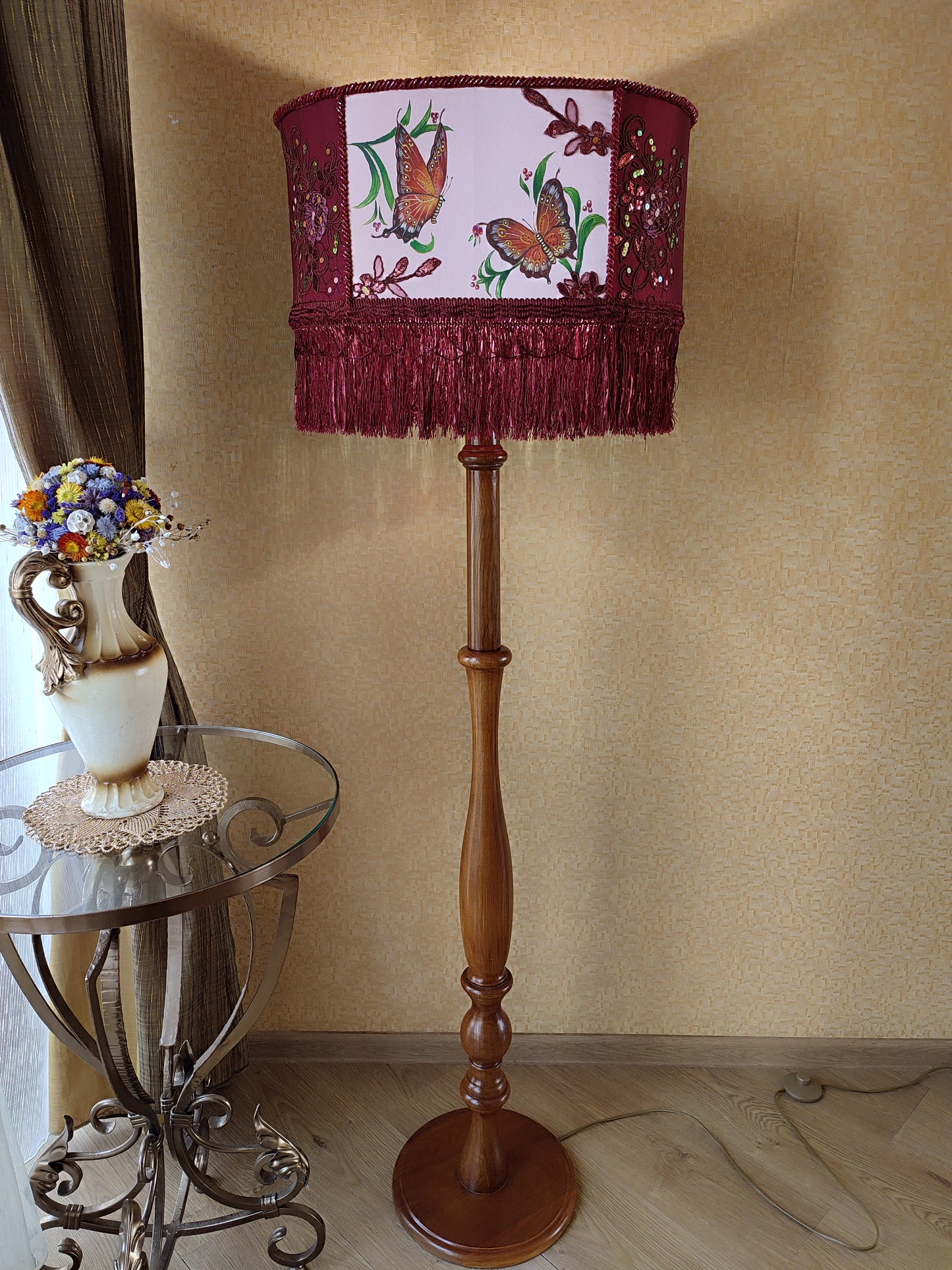 Designer Burgundy Lampshade - Handmade for Large, Romantic, and Deco Lighting. 1805