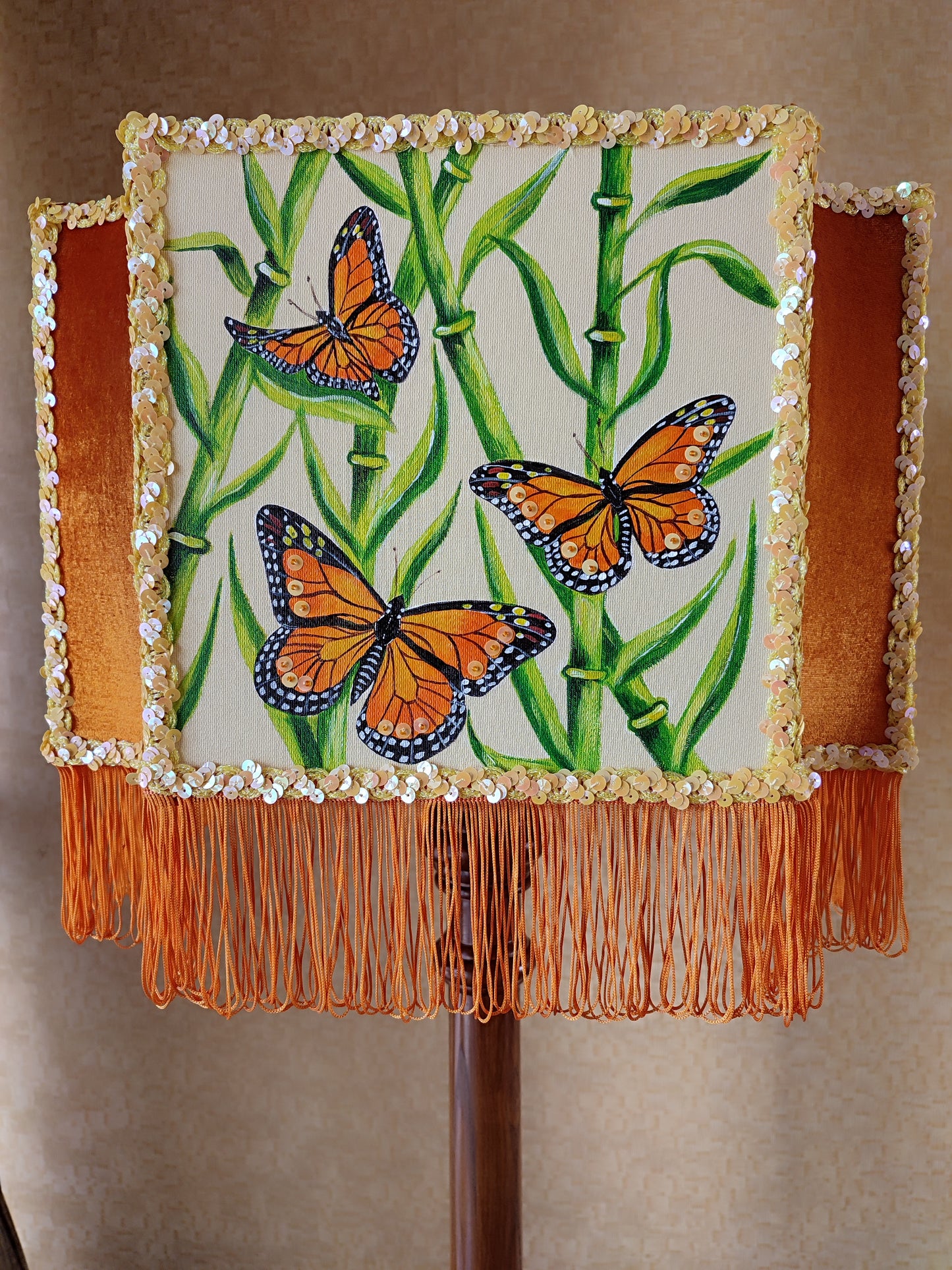 Orange lampshade, art deco lampshade, unique hand-painted lampshade. 2807