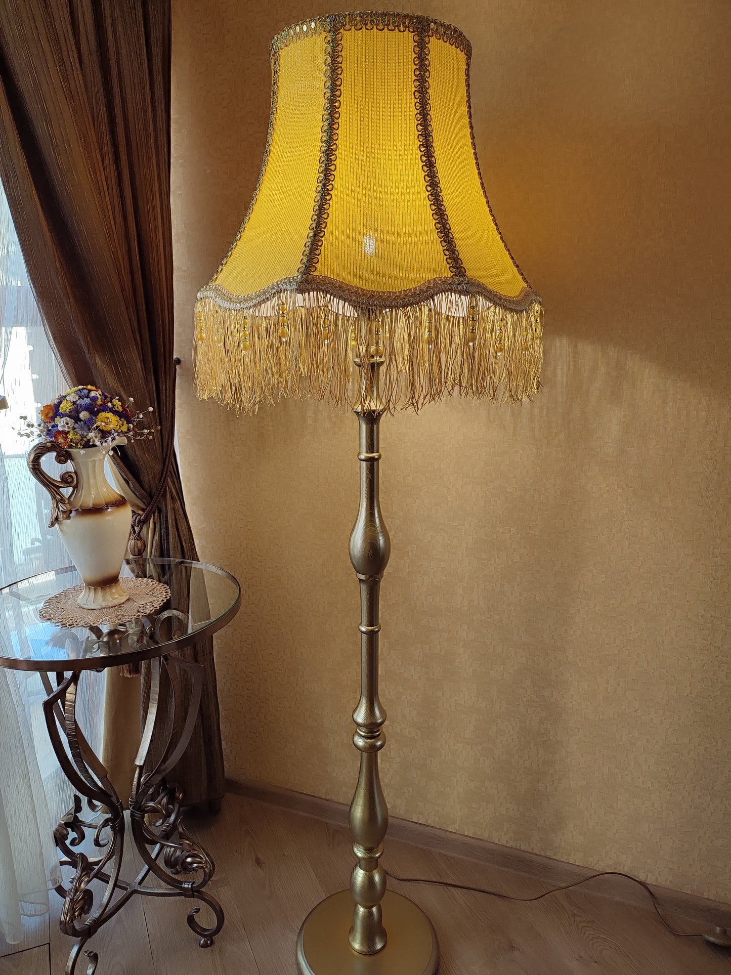 Floor lamp with yellow fabric shade with fringe. 4701 Product to order!