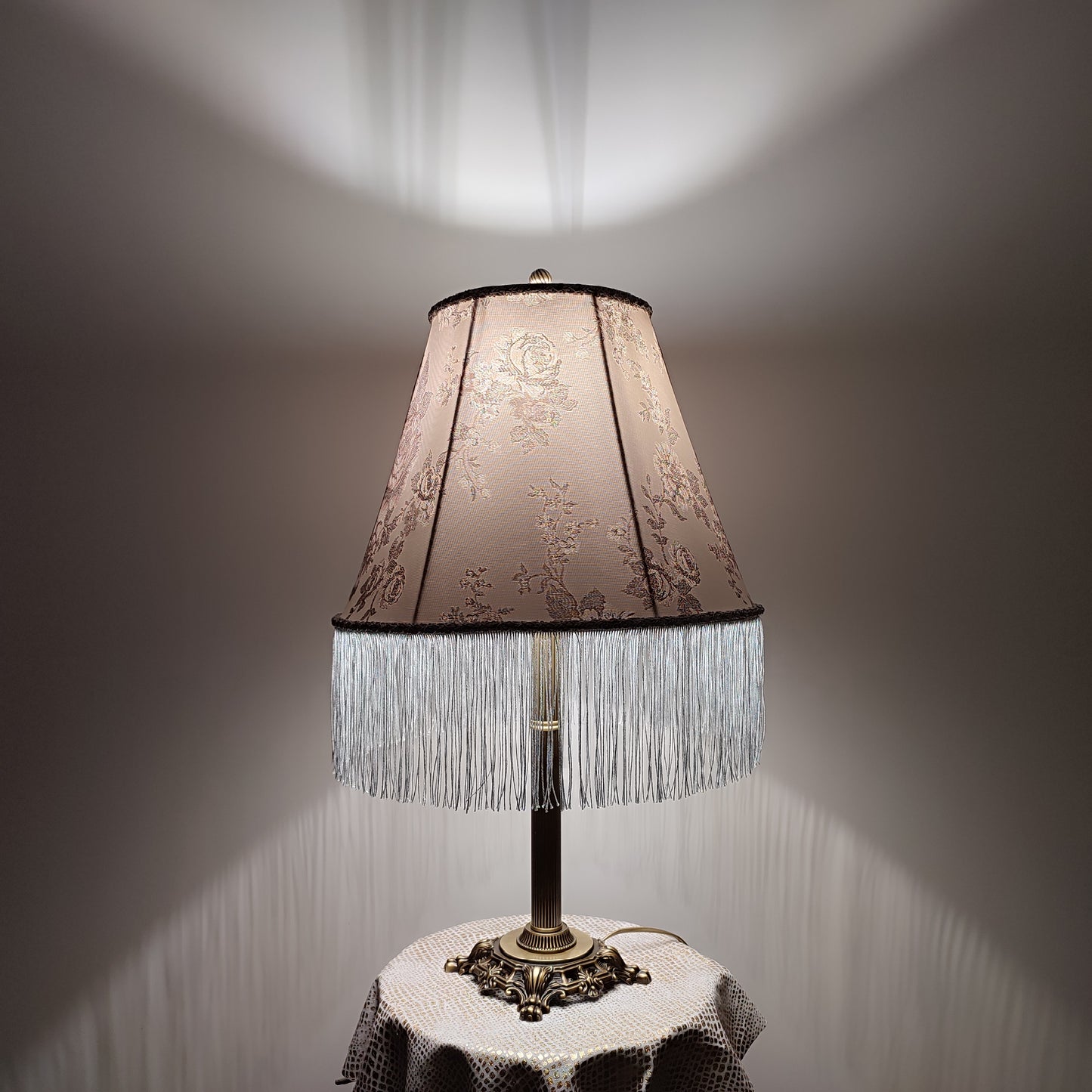 Silver lampshade with floral embroidery and fringe. 0503