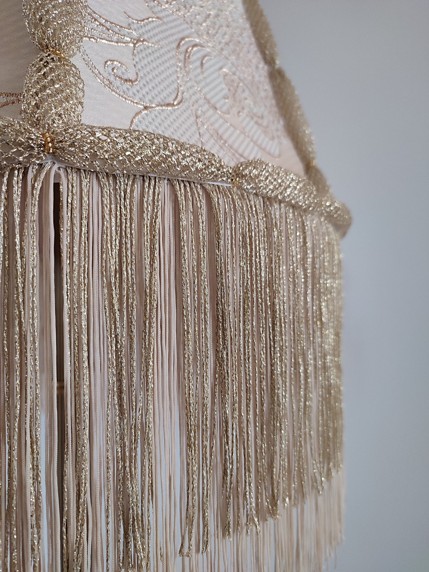 Lampshade, an elegant table lamp shade with golden fringe in a vintage style for classic home decor. 0502