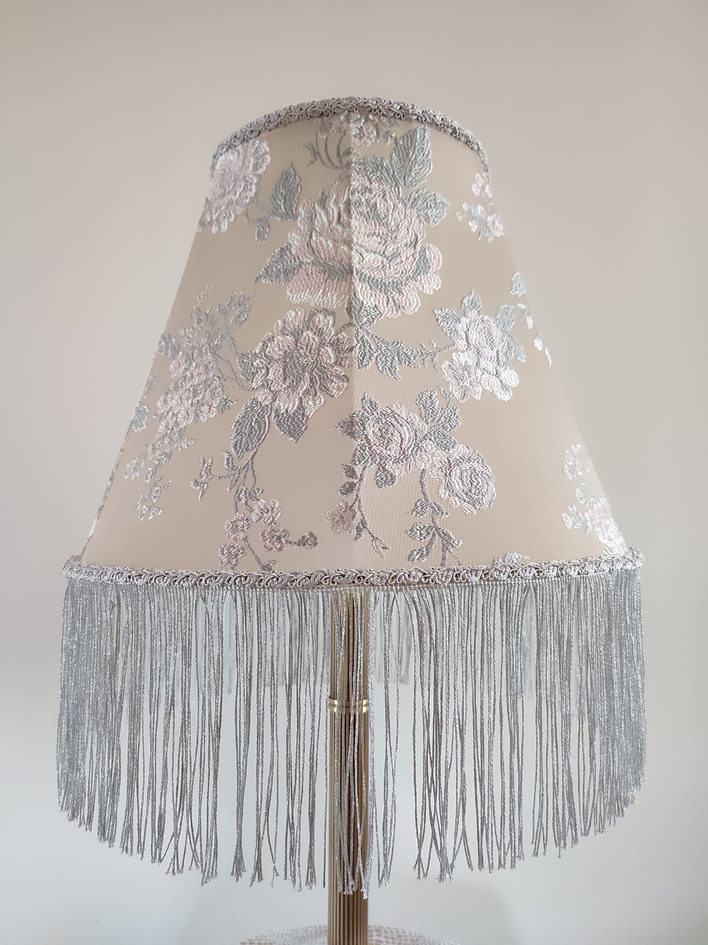 Silver lampshade with floral embroidery and fringe. 0503