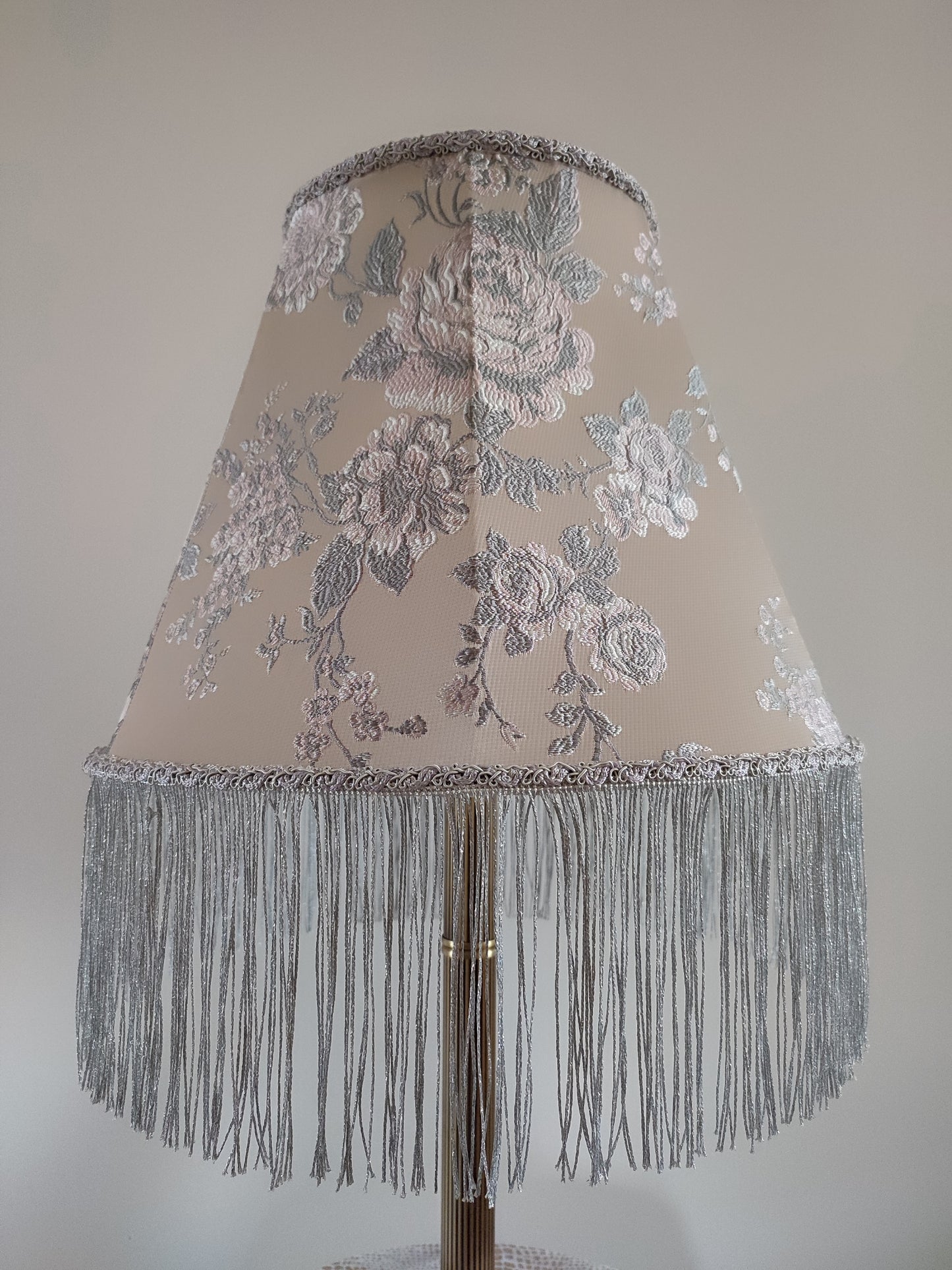 Silver lampshade with floral embroidery and fringe. 0503