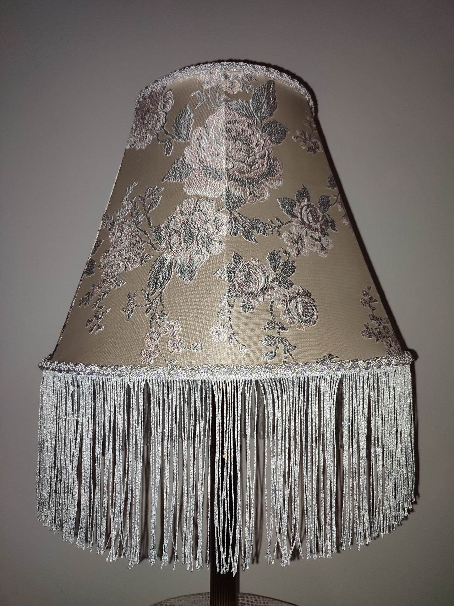 Silver lampshade with floral embroidery and fringe. 0503