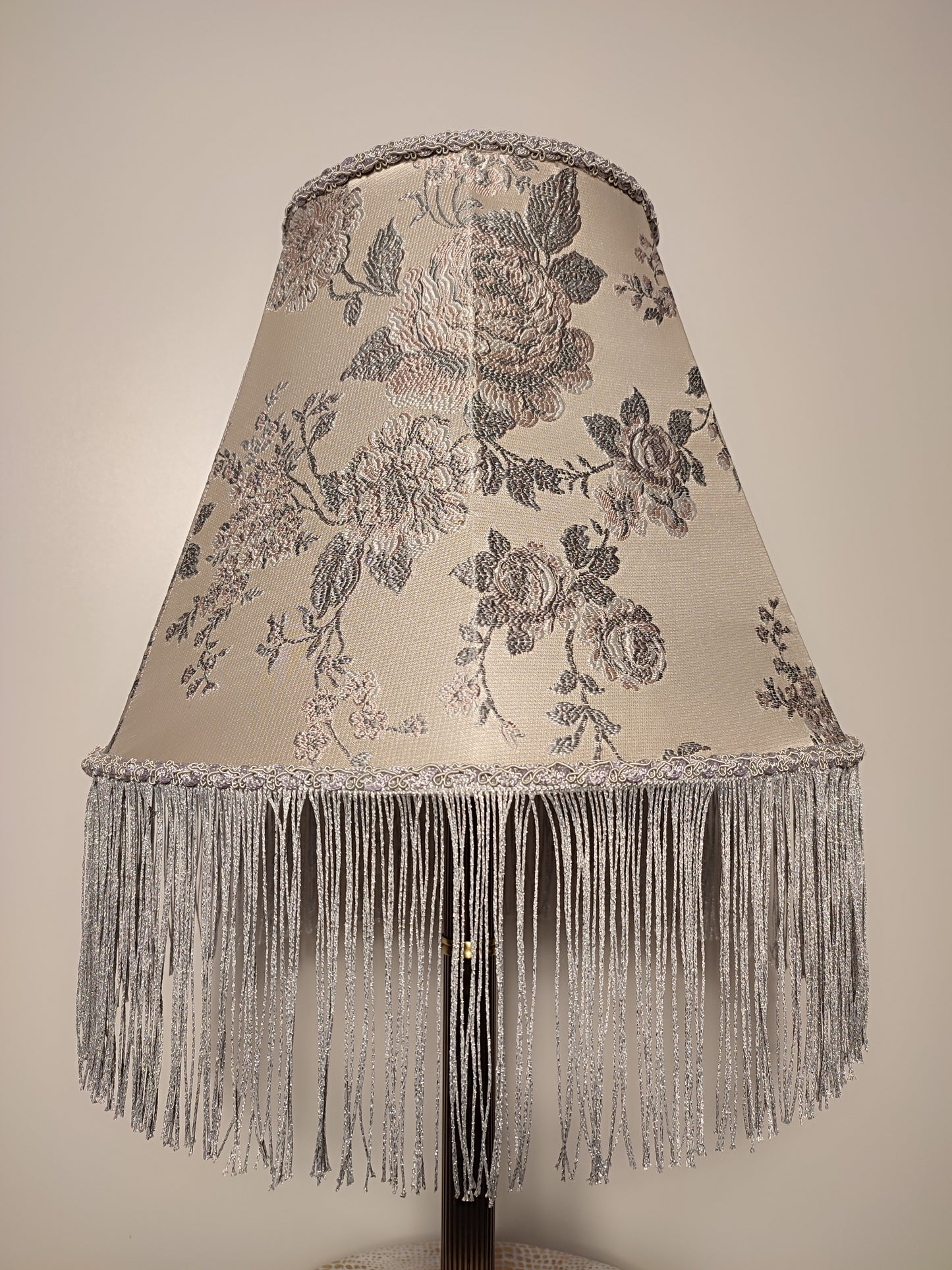 Silver lampshade with floral embroidery and fringe. 0503