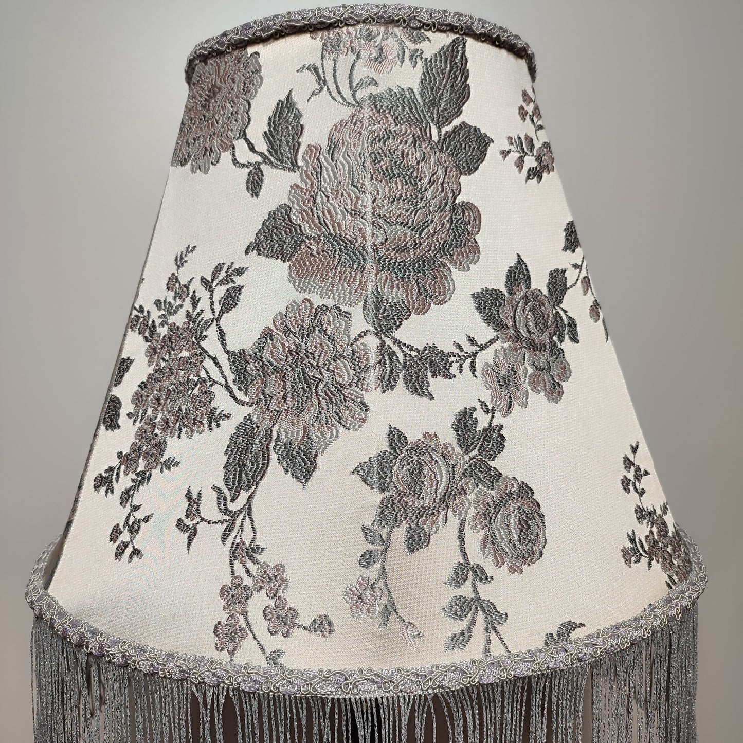 Silver lampshade with floral embroidery and fringe. 0503