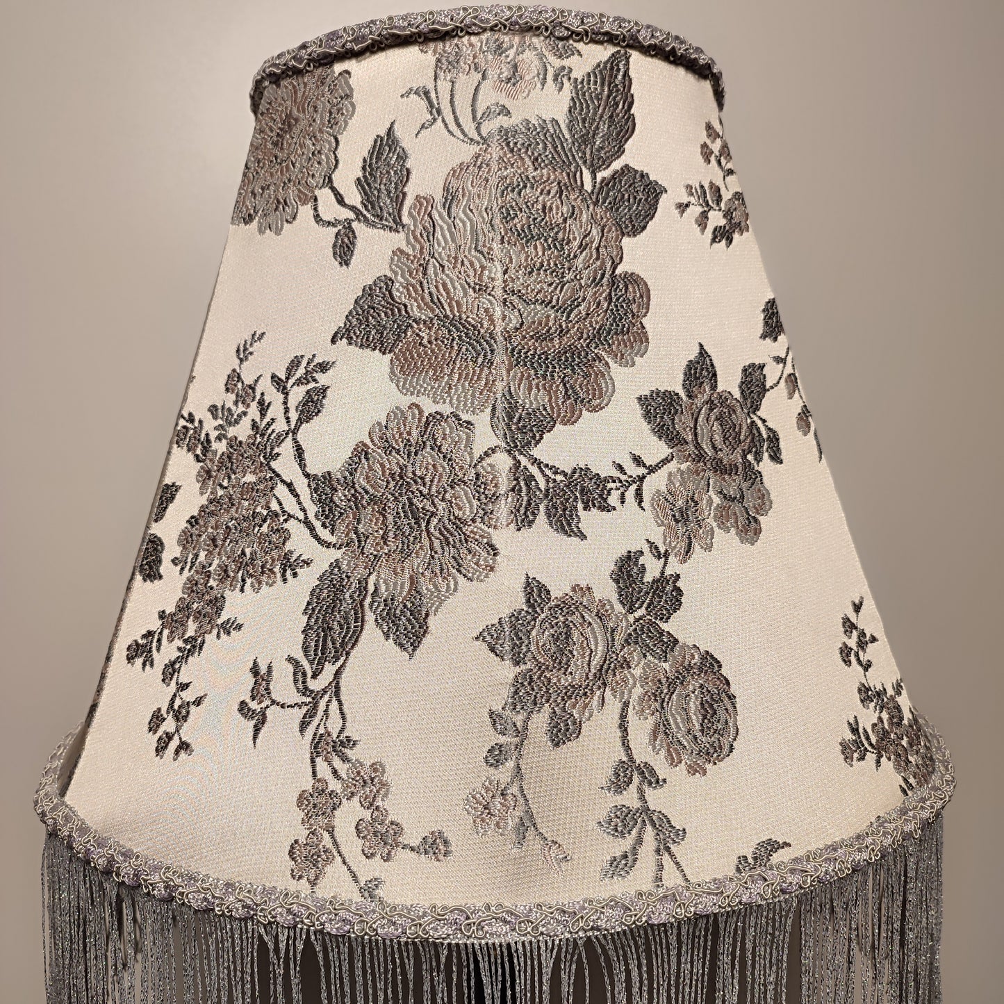 Silver lampshade with floral embroidery and fringe. 0503