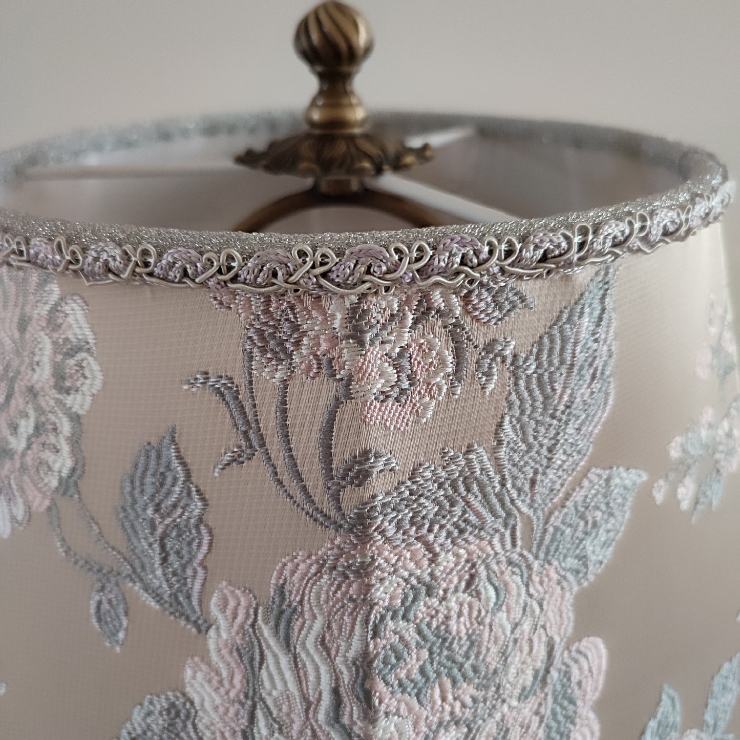 Silver lampshade with floral embroidery and fringe. 0503